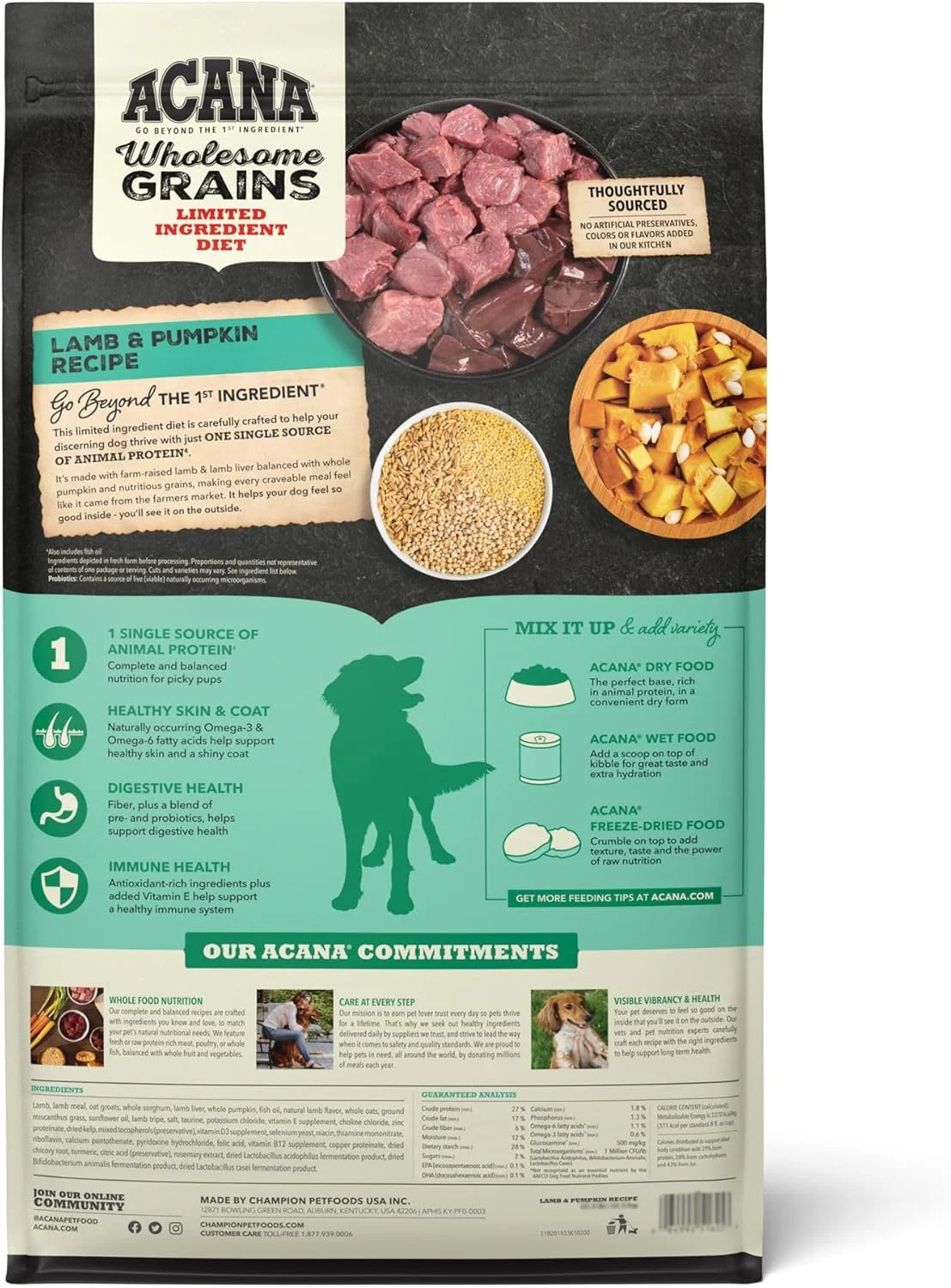 غذای خشک سگ با غلات کامل آکانا، رژیم غذایی با مواد محدود، بدون گلوتن، بره و کدو تنبل، 10.2 کیلوگرم