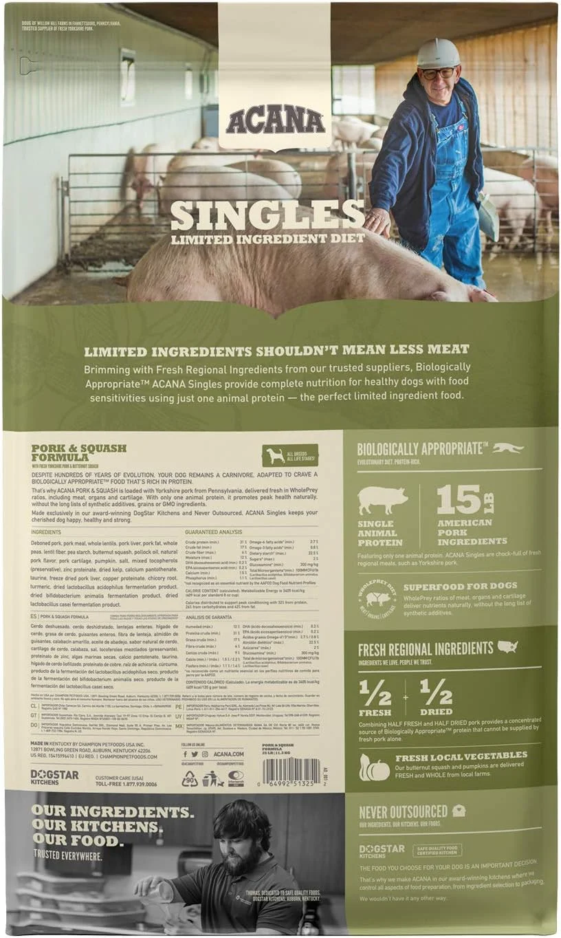 غذای خشک سگ با پروتئین محدود آکانا سینگلز، طعم گوشت خوک و کدو حلوایی، 11.3 کیلوگرم