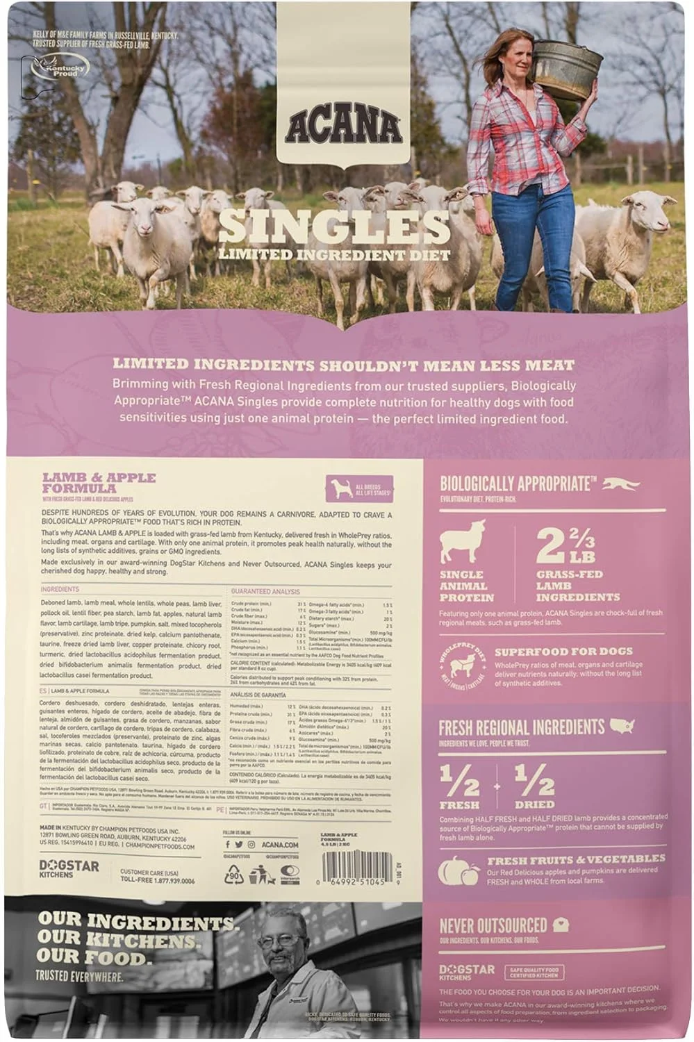 غذای خشک سگ با تک ماده اولیه آکانا سینگلز با طعم بره و سیب، 2 کیلوگرمی