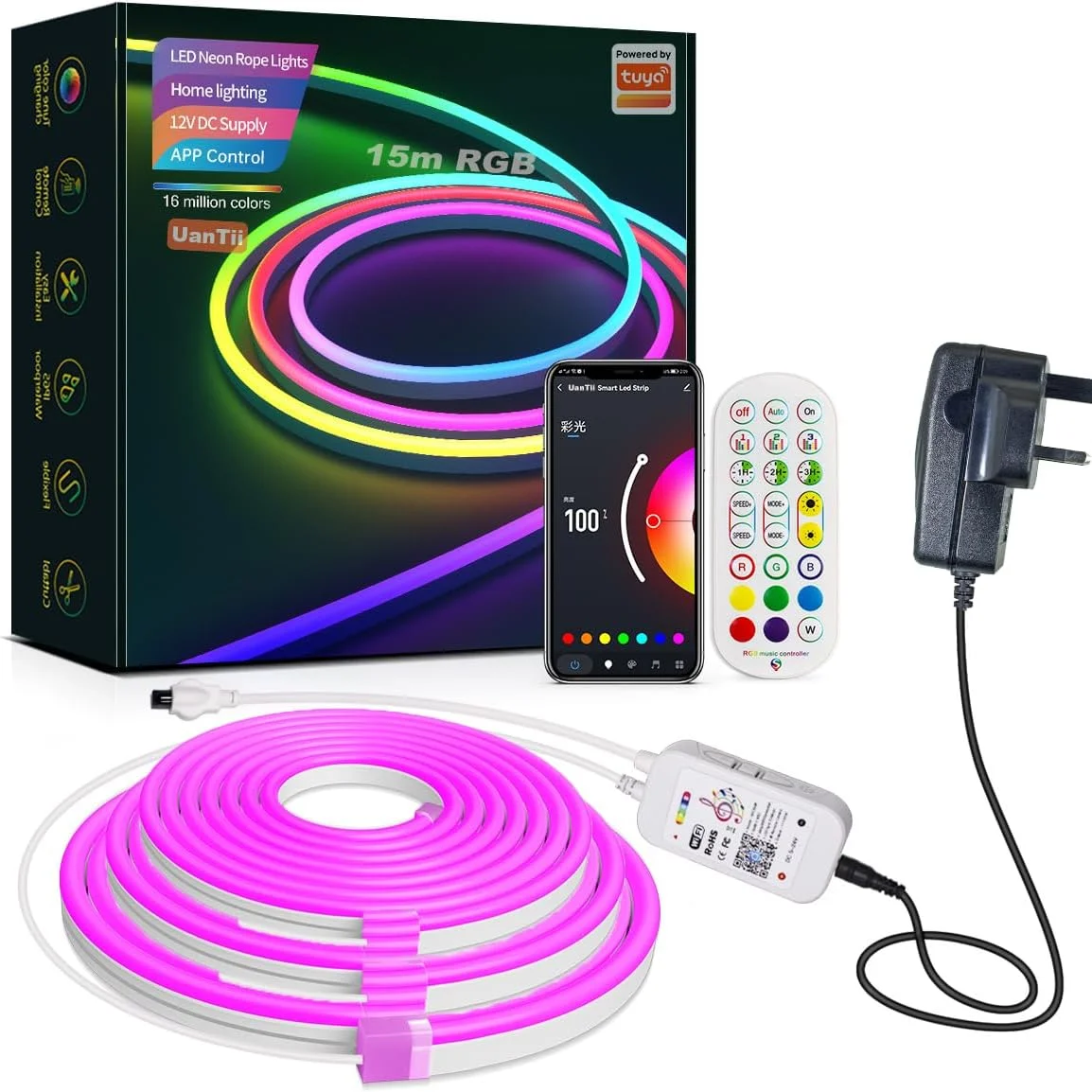 نوار نئون ال ای دی هوشمند UanTii Tuya Wifi DIY RGB با 7 رنگ نور، ضد آب، همگام سازی موسیقی، قابل برش، سازگار با برنامه Tuya Smart Life و الکسا گوگل هوم (15 متر)