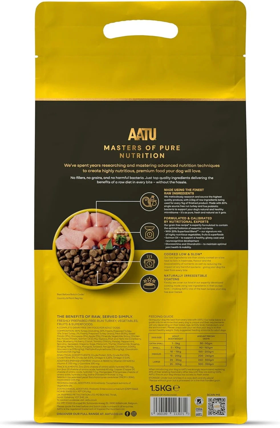 غذای خشک کامل سگ AATU 80/20، بوقلمون 1.5 کیلوگرمی - جایگزین غذای خشک برای تغذیه خام، پروتئین بالا. بدون مواد مضر، بدون پرکننده.