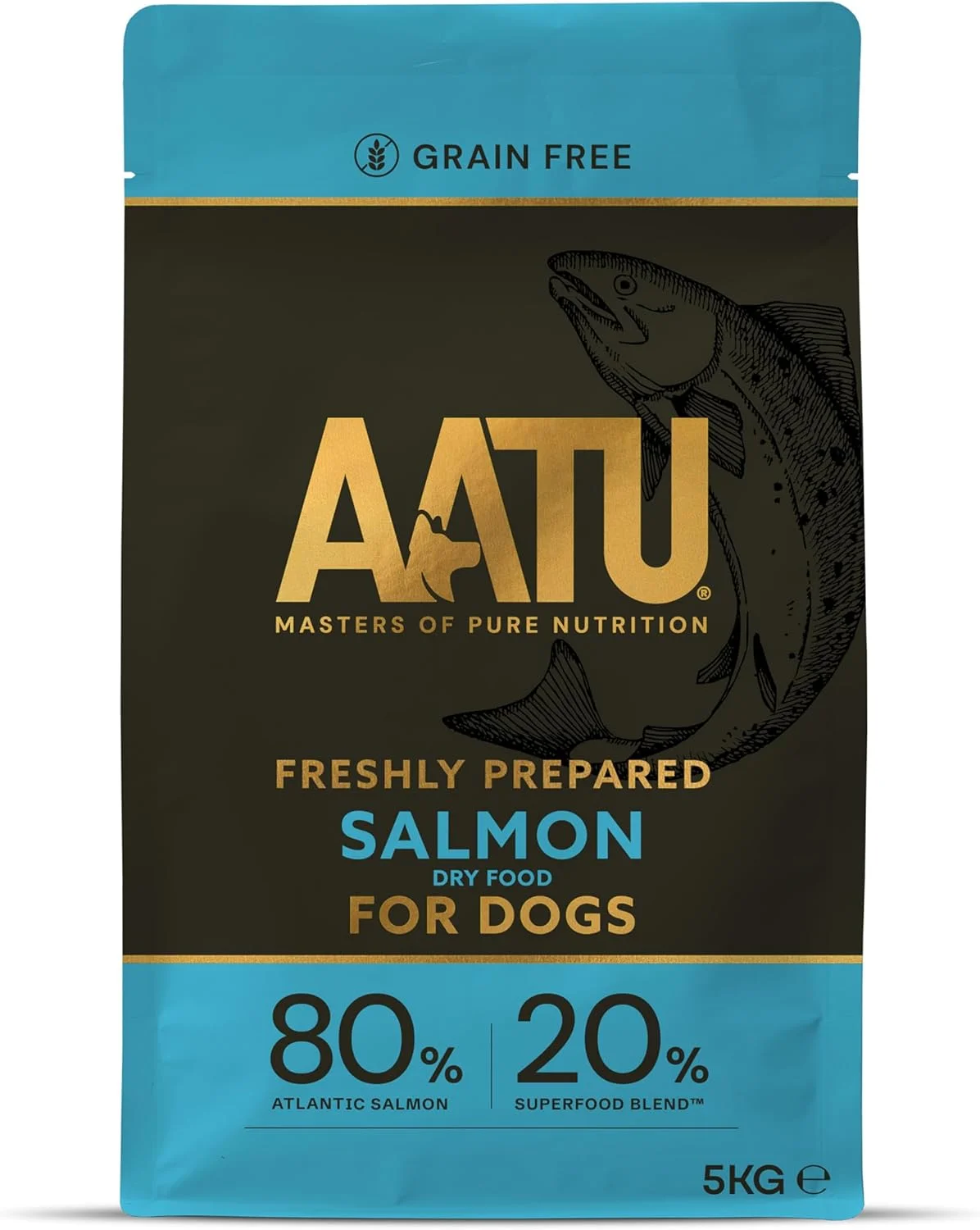 غذای خشک کامل سگ AATU 80/20، طعم سالمون، 5 کیلوگرم - جایگزین غذای خشک برای تغذیه خام، پروتئین بالا. بدون مواد مضر، بدون پرکننده.