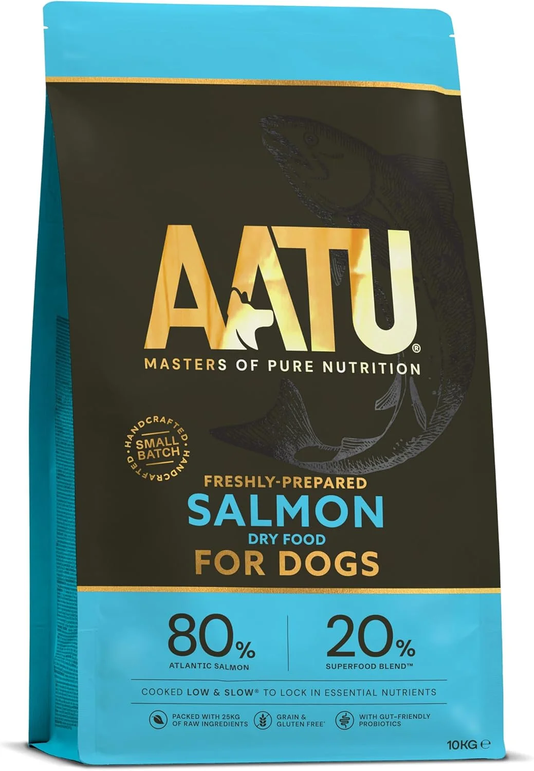 غذای خشک کامل سگ AATU 80/20، سالمون 10 کیلوگرمی - جایگزین غذای خشک برای تغذیه خام، پروتئین بالا. بدون مواد مضر، بدون پرکننده.