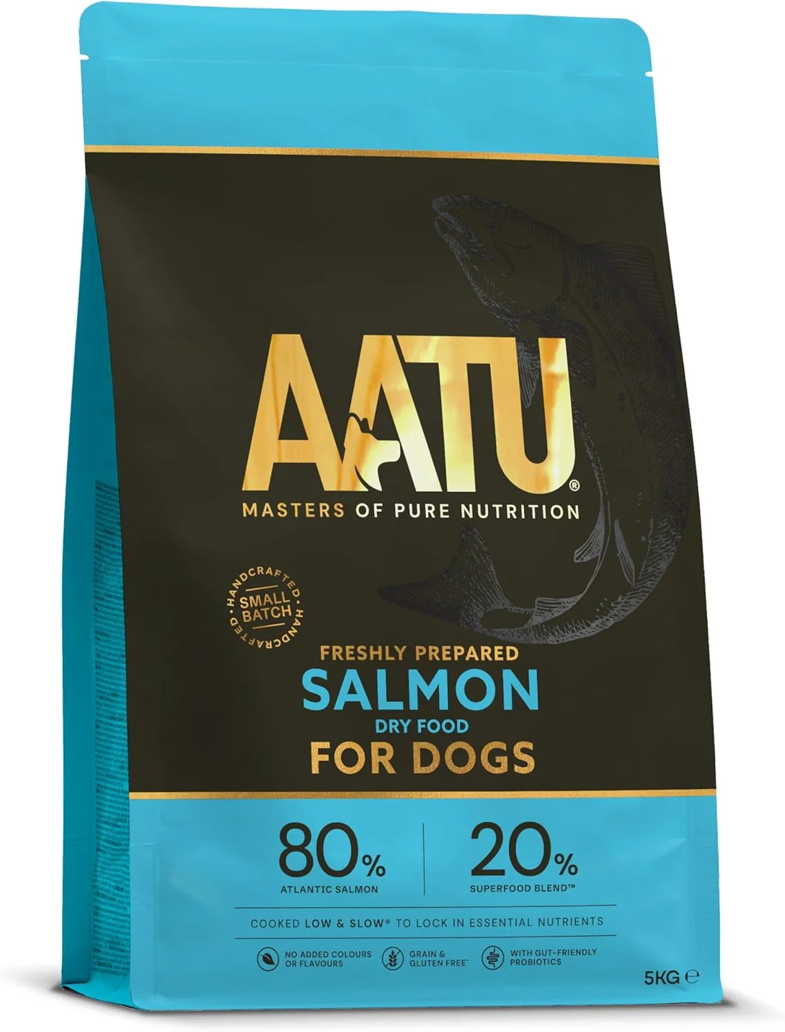 غذای خشک کامل سگ AATU 80/20، طعم سالمون، 5 کیلوگرم - جایگزین غذای خشک برای تغذیه خام، پروتئین بالا. بدون مواد مضر، بدون پرکننده.