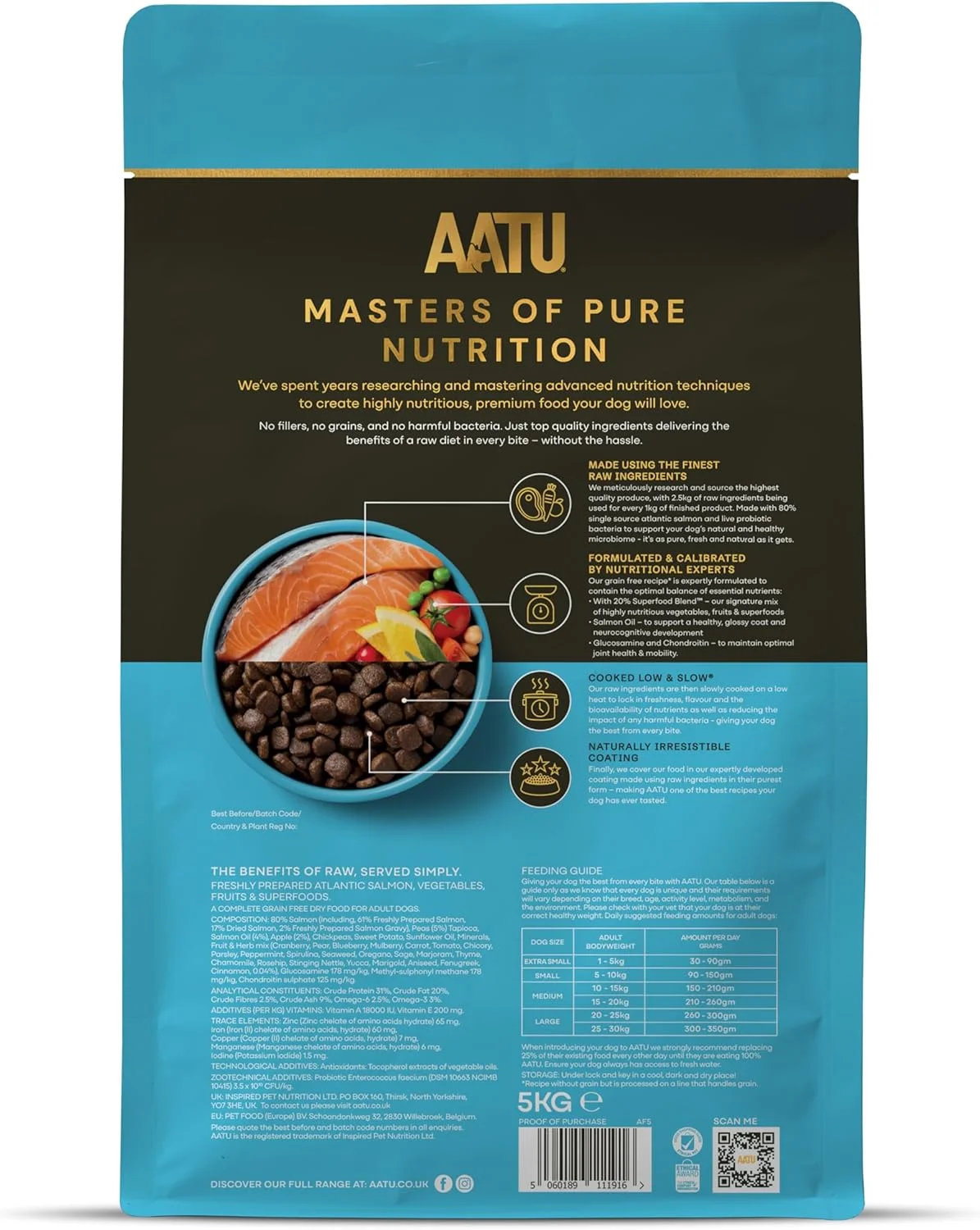 غذای خشک کامل سگ AATU 80/20، طعم سالمون، 5 کیلوگرم - جایگزین غذای خشک برای تغذیه خام، پروتئین بالا. بدون مواد مضر، بدون پرکننده.