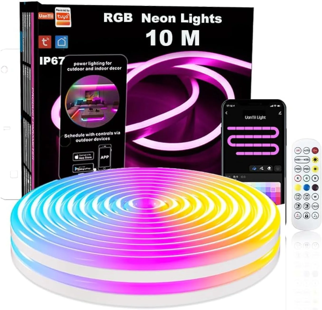 نوار نئون RGB UanTii، چراغ نواری 10 متری Tuya Wifi، ضد آب IP67، همگام سازی موسیقی، طراحی DIY، سازگار با الکسا، دستیار گوگل، نوار نور الکسا برای تزئین دیوار اتاق خواب (RGB 10M)