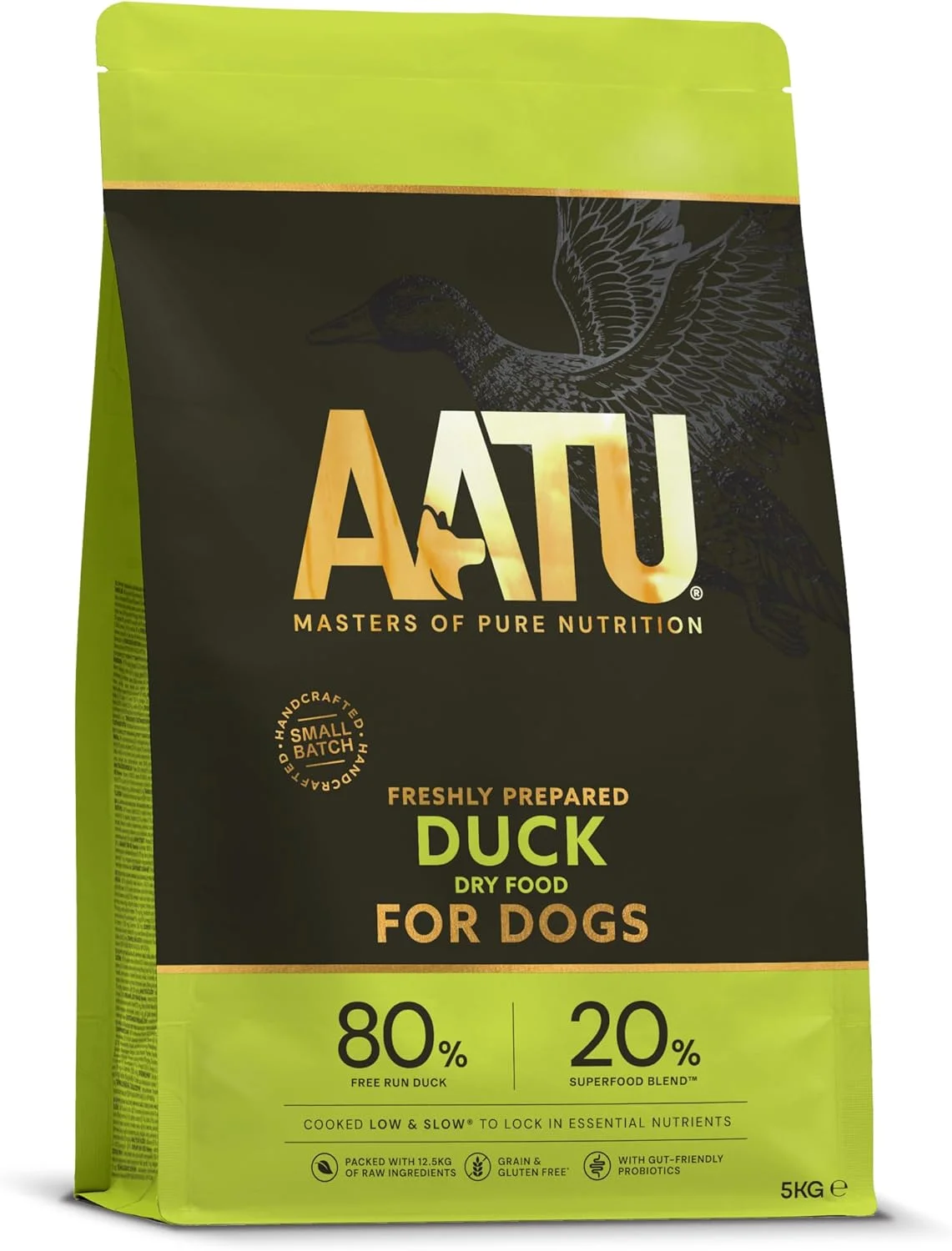 غذای خشک کامل سگ AATU 80/20، اردک 5 کیلوگرمی - جایگزین غذای خشک برای تغذیه خام، پروتئین بالا. بدون مواد مضر، بدون پرکننده.