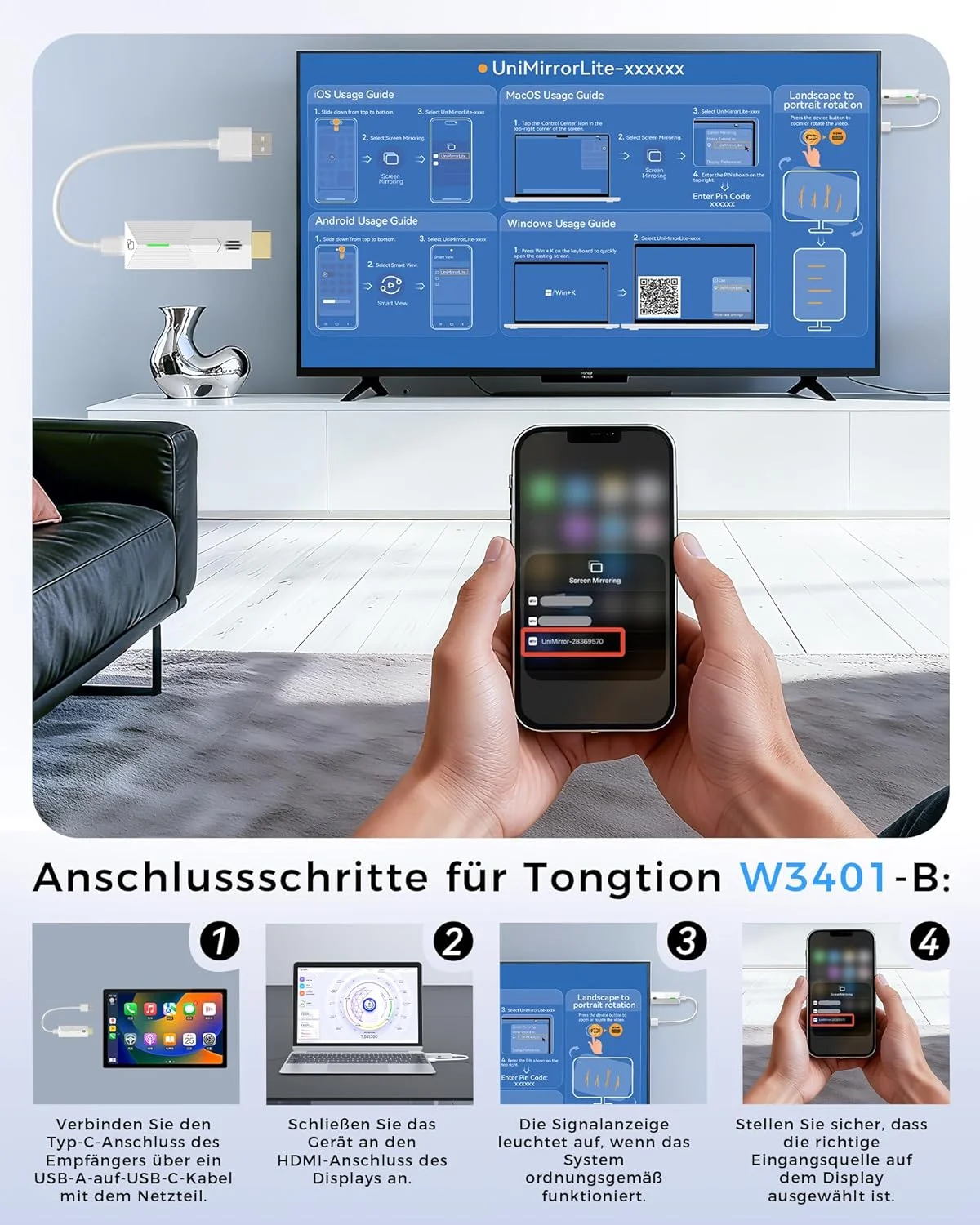 دانگل آداپتور نمایشگر بی سیم HDMI 1080P@60Hz، AirPlay/Miracast 5GHz برای تلویزیون/پروژکتور (سازگار با تلفن هوشمند، تبلت، PC/Mac)