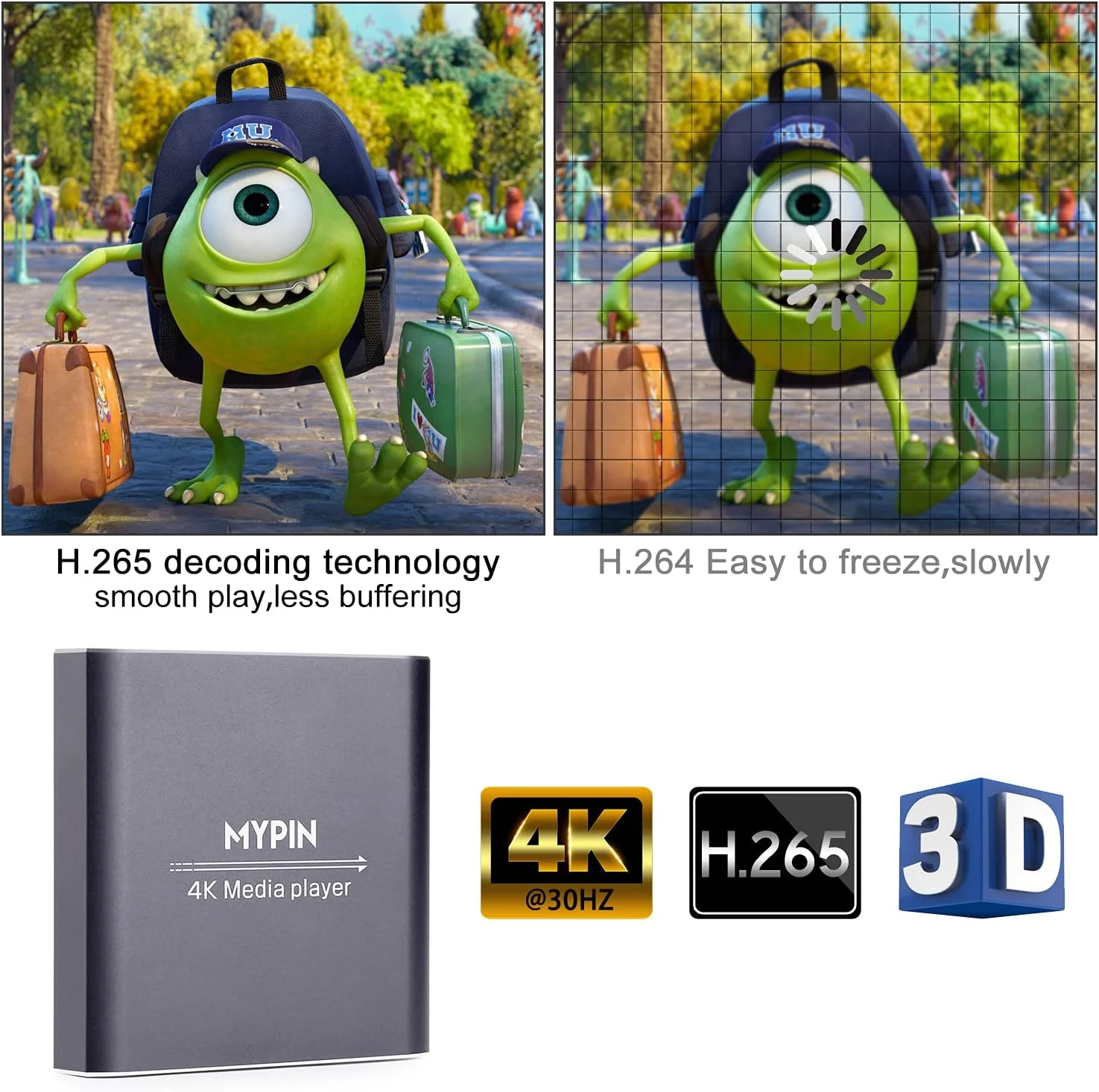 پخش کننده رسانه 4K با کنترل از راه دور، پخش کننده دیجیتال MP4 برای هارد دیسک 8 ترابایتی/درایو USB/کارت TF/پشتیبانی از H.265 MP4 PPT MKV AVI خروجی HDMI/AV/Optical و ماوس/صفحه کلید USB HDMI تا صدای فراگیر 7.1 (خاکستری)