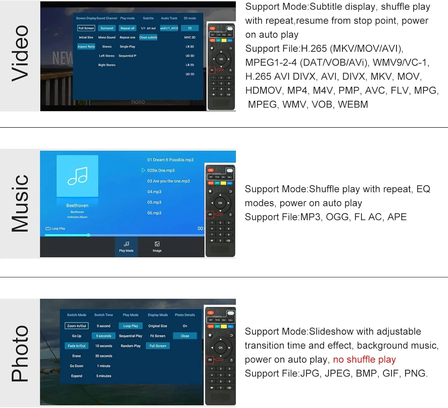 پخش کننده رسانه 4K با کنترل از راه دور، پخش کننده دیجیتال MP4 برای هارد دیسک 8 ترابایتی/درایو USB/کارت TF/پشتیبانی از H.265 MP4 PPT MKV AVI خروجی HDMI/AV/Optical و ماوس/صفحه کلید USB HDMI تا صدای فراگیر 7.1 (خاکستری)