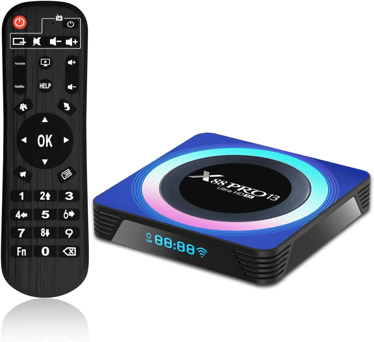 اندروید باکس CHROX X88 PRO 13 با اندروید 13.0، اسمارت تی وی باکس با پردازنده چهار هسته ای RK3528 Cortex-A53، وای فای دو بانده 2.4 گیگاهرتز/5 گیگاهرتز Wifi6 با رزولوشن 8K/4K Ultra HD و بلوتوث 5.0، حافظه 4 گیگابایت + 64 گیگابایت