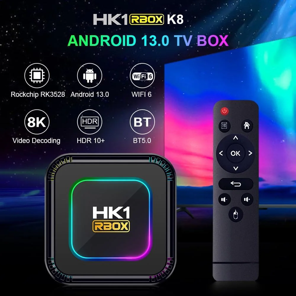 اندروید باکس تلویزیون CHROX 13.0، ست تاپ باکس Hk1 Rbox K8 با پردازنده چهار هسته‌ای RK3528 Cortex-A53، پشتیبانی از وای‌فای 2.4 گیگاهرتز/5 گیگاهرتز Wifi6 BT 5.0 HDMI2.0 LAN 10/100M اترنت 3D 6K H.265 جعبه تلویزیون هوشمند، 4 گیگابایت + 32 گیگابایت
