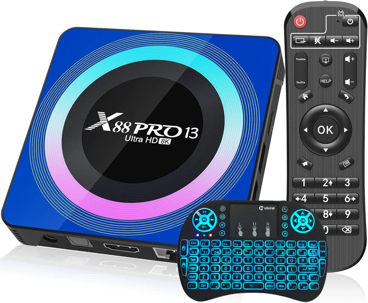 اندروید باکس هوشمند تلویزیون CHROX اندروید 13.0، پردازنده چهار هسته ای RK3528 64 بیتی Cortex-A53 Mali پشتیبانی از 4K/8K 3D2.4/5.0Ghz Wifi BT5.0 10/100M Ethernet DLNA USB با مینی کیبورد بی سیم، 2 گیگابایت + 16 گیگابایت