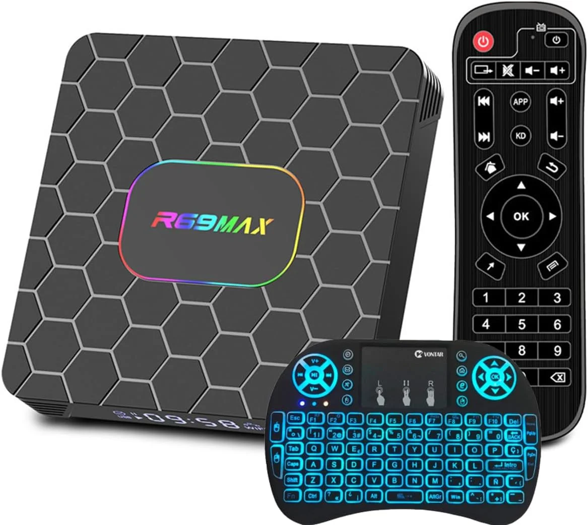 اندروید باکس تلویزیون CHROX 14.0، مدل R69 MAX RK3528 چهار هسته‌ای 64 بیتی Cortex-A53، باکس تلویزیون هوشمند با پشتیبانی از وای فای دو بانده 2.4G/5G، بلوتوث 5.0، USB 3.0، LAN ست تاپ باکس، 4 گیگابایت رم + 32 گیگابایت حافظه داخلی