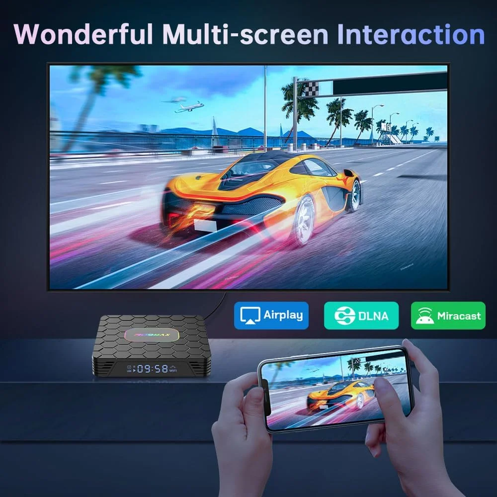 اندروید باکس تلویزیون CHROX 14.0، مدل R69 MAX RK3528 چهار هسته‌ای 64 بیتی Cortex-A53، باکس تلویزیون هوشمند با پشتیبانی از وای فای دو بانده 2.4G/5G، بلوتوث 5.0، USB 3.0، LAN ست تاپ باکس، 4 گیگابایت رم + 32 گیگابایت حافظه داخلی