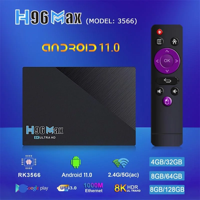 باکس تلویزیون اندروید 11.0 CHROX، مدل H96 MAX با 8 گیگابایت رم و 128 گیگابایت حافظه داخلی، پردازنده چهار هسته ای RK3566 64 بیتی، پشتیبانی از وای فای 6 دوگانه 2.4G/5.8G، اترنت، بلوتوث 5.0، پخش کننده خانگی هوشمند 8K HDR10 Ultra HD، مدل 8gb+128gb