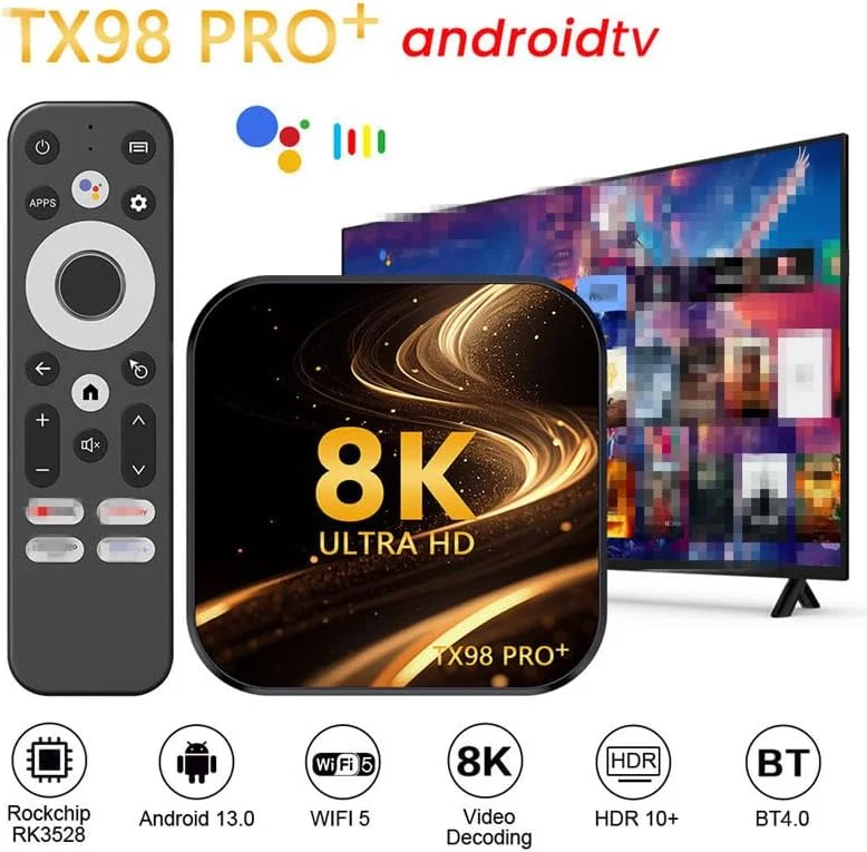 اندروید باکس CHROX مدل Android TV Box 13.0، تی وی باکس اندرویدی TX98 PRO با ۴ گیگابایت رم و ۶۴ گیگابایت رام، پردازنده ۴ هسته‌ای RK3528، پشتیبانی از وای‌فای دوگانه 2.4/5.8 گیگاهرتز، باکس هوشمند اندرویدی 4K/8K H.264 HD، 2gb+16gb