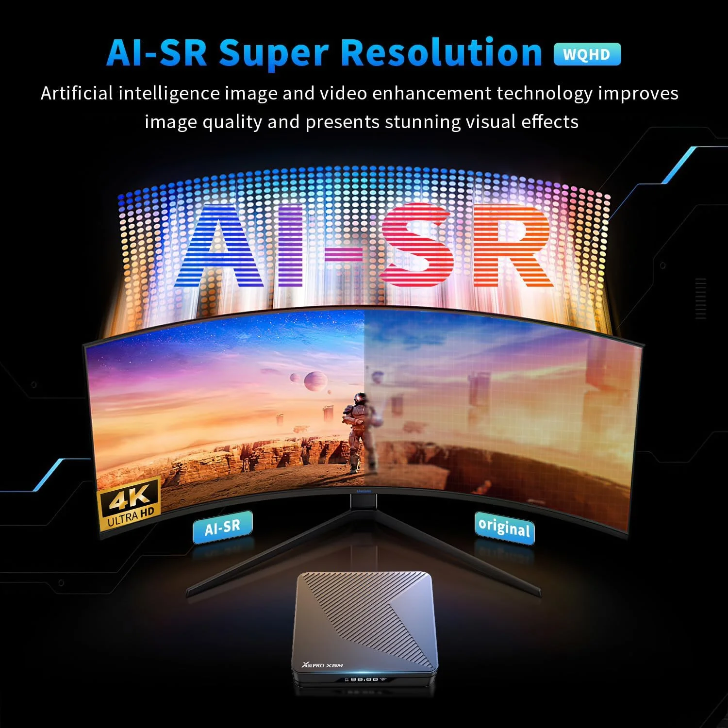 اندروید باکس CHROX Android 14.0، مدل X88 PRO X5M، پردازنده چهارهسته‌ای S905X5M، پشتیبانی از وای‌فای 2.4 گیگاهرتز/5 گیگاهرتز، بلوتوث 4.0، اندروید باکس هوشمند 4K HD، با حافظه 4 گیگابایت + 32 گیگابایت