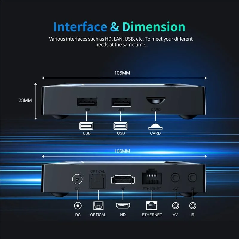 اندروید باکس 14.0 CHROX، پردازنده S905X5M چهارهسته‌ای Cortex-A53، اندروید باکس هوشمند 4K دو بانده 2.4G/5G با BT 5.0 3D/HDR10، ست تاپ باکس Ultra HD، رم 4 گیگابایت + حافظه 32 گیگابایت