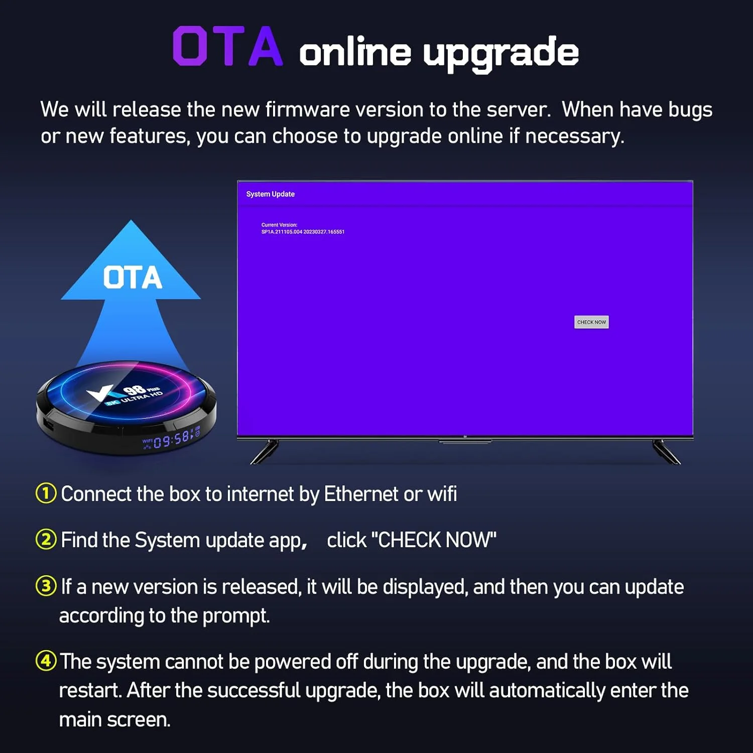 اندروید باکس CHROX با اندروید 13.0، مدل K98 PLUS، دارای 4 گیگابایت رم + 64 گیگابایت حافظه داخلی، پردازنده چهار هسته‌ای RK3528، اسمارت تی وی باکس، مدیا پلیر، پشتیبانی از USB 3.0 / 3D / 4K / 8K H.265 / وای فای 2.4G، ست تاپ باکس تلویزیون، 4 گیگابایت رم + 32 گیگابایت حافظه داخلی