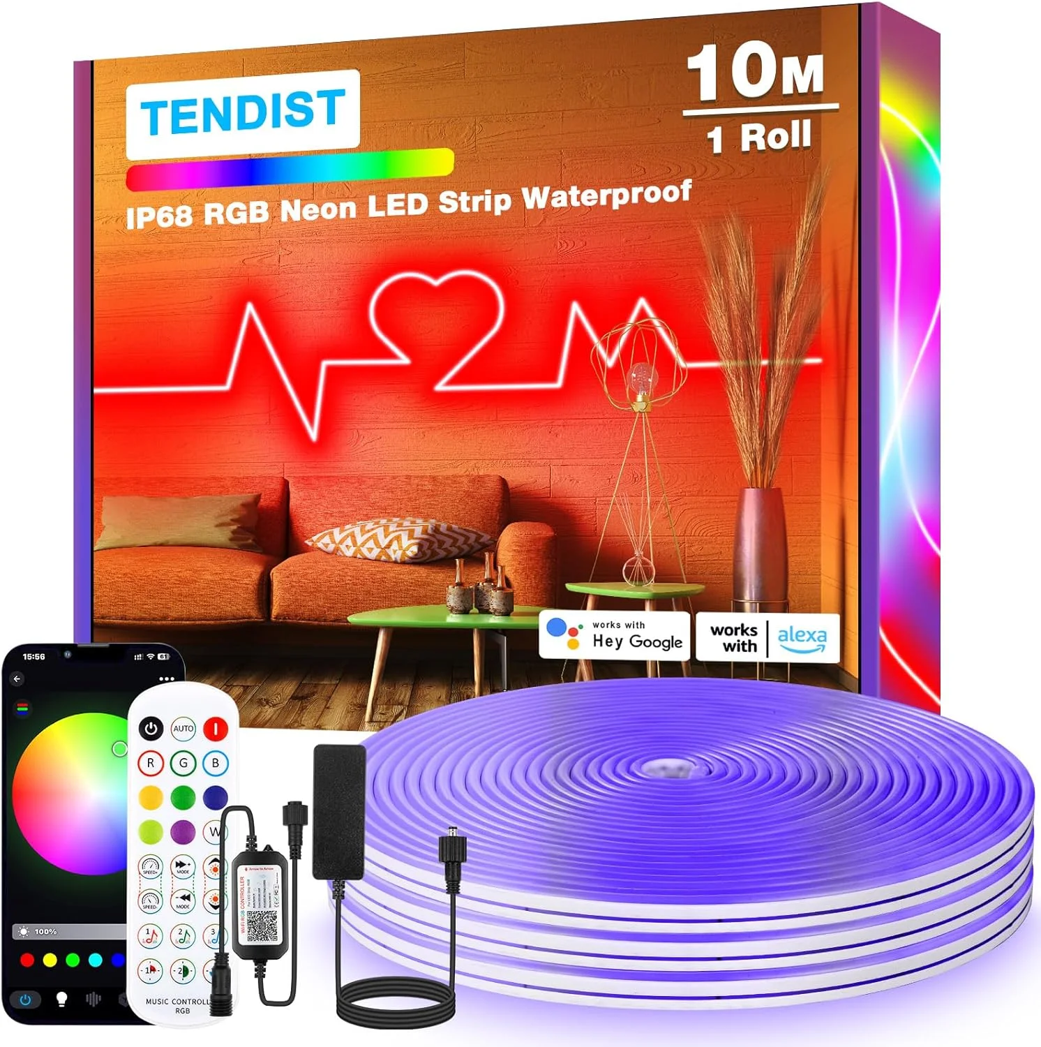 نوار ال ای دی نئون RGB ده متری برای فضای باز، ضد آب IP68، نوار ال ای دی نئون انعطاف پذیر وای فای سازگار با الکسا، لامپ همگام سازی موسیقی 24 ولت DIY برای اتاق خواب، مهمانی، پاسیو، دکوراسیون فضای باز