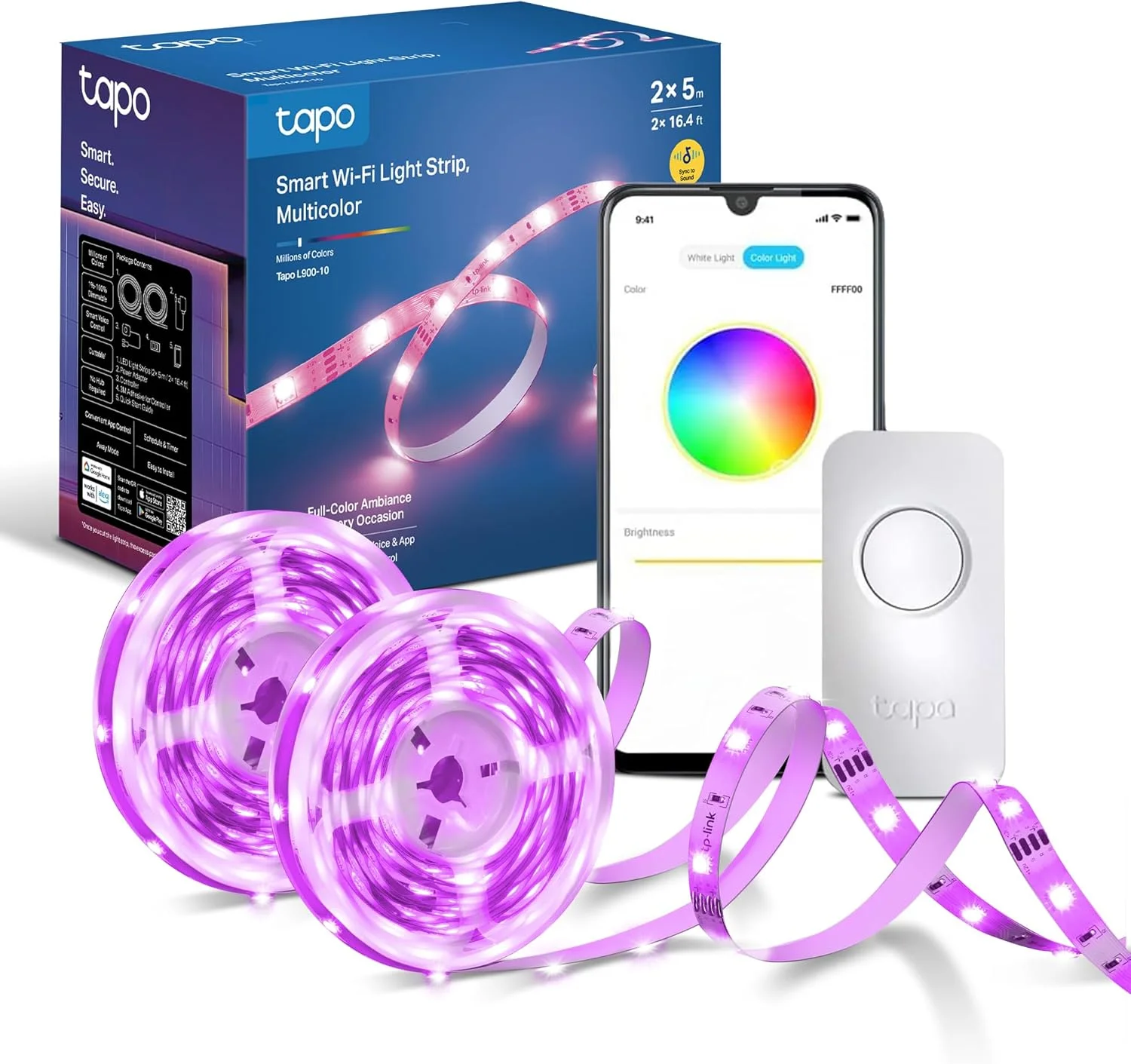 نوار چراغ LED هوشمند Tapo به طول 10 متر مناسب برای تلویزیون، اتاق خواب و تزئینات کریسمس، کنترل صوتی بدون نیاز به دست با الکسا و گوگل، تغییر رنگ با همگام سازی موسیقی، چراغ های LED هوشمند Wi-Fi برای تلویزیون و نورپردازی گیمینگ (Tapo L900-10)