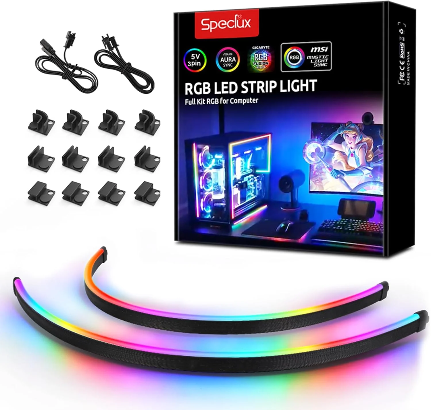 نوار ال ای دی RGB نئون آدرس پذیر Speclux، 2x15.7 اینچ WS2812 RGB رنگین کمانی مغناطیسی ARGB برای 5 ولت 3 پین Aura SYNC، Gigabyte RGB Fusion، MSI Mystic Light Sync، با 12 عدد براکت مغناطیسی قوی