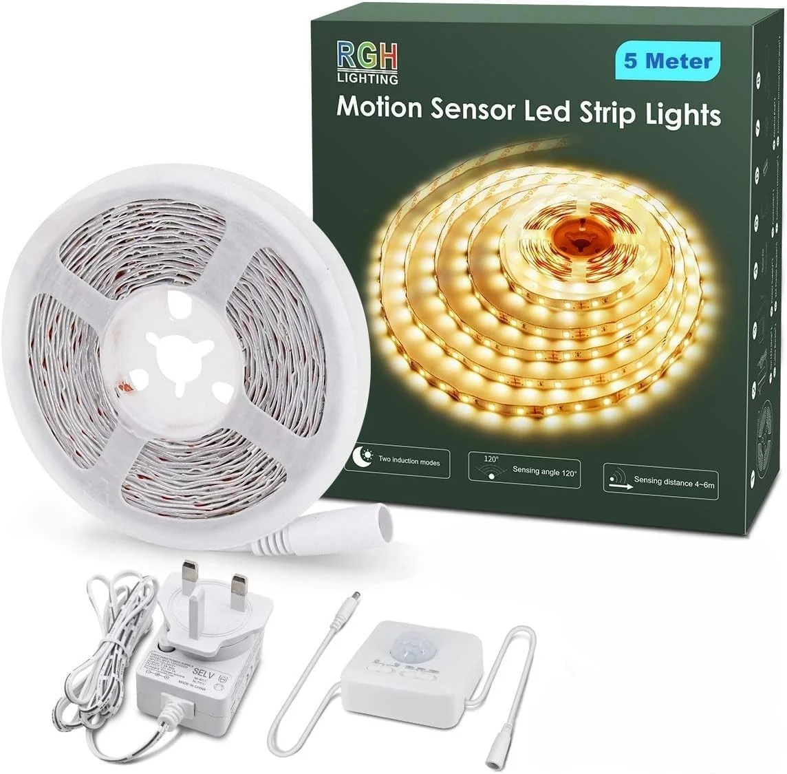 چراغ نواری ال ای دی حسگر حرکتی RGH LIGHTING، 5 متر، 3000K نور سفید گرم، چراغ نواری ال ای دی با 2 حالت فعال شده برای کابینت، آشپزخانه، اتاق نشیمن، اتاق خواب، راه پله، گلخانه، گاراژ و بار