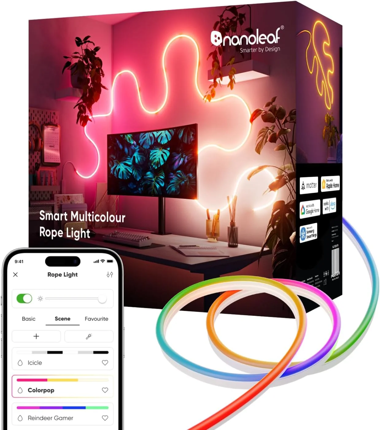 نوار ریسه ای نئون مات نانولیف 5 متری، نوار LED انعطاف پذیر WiFi، همگام سازی موسیقی و صفحه نمایش، صحنه های پویا در برنامه، کنترل صوتی (سازگار با الکسا، اپل، گوگل)
