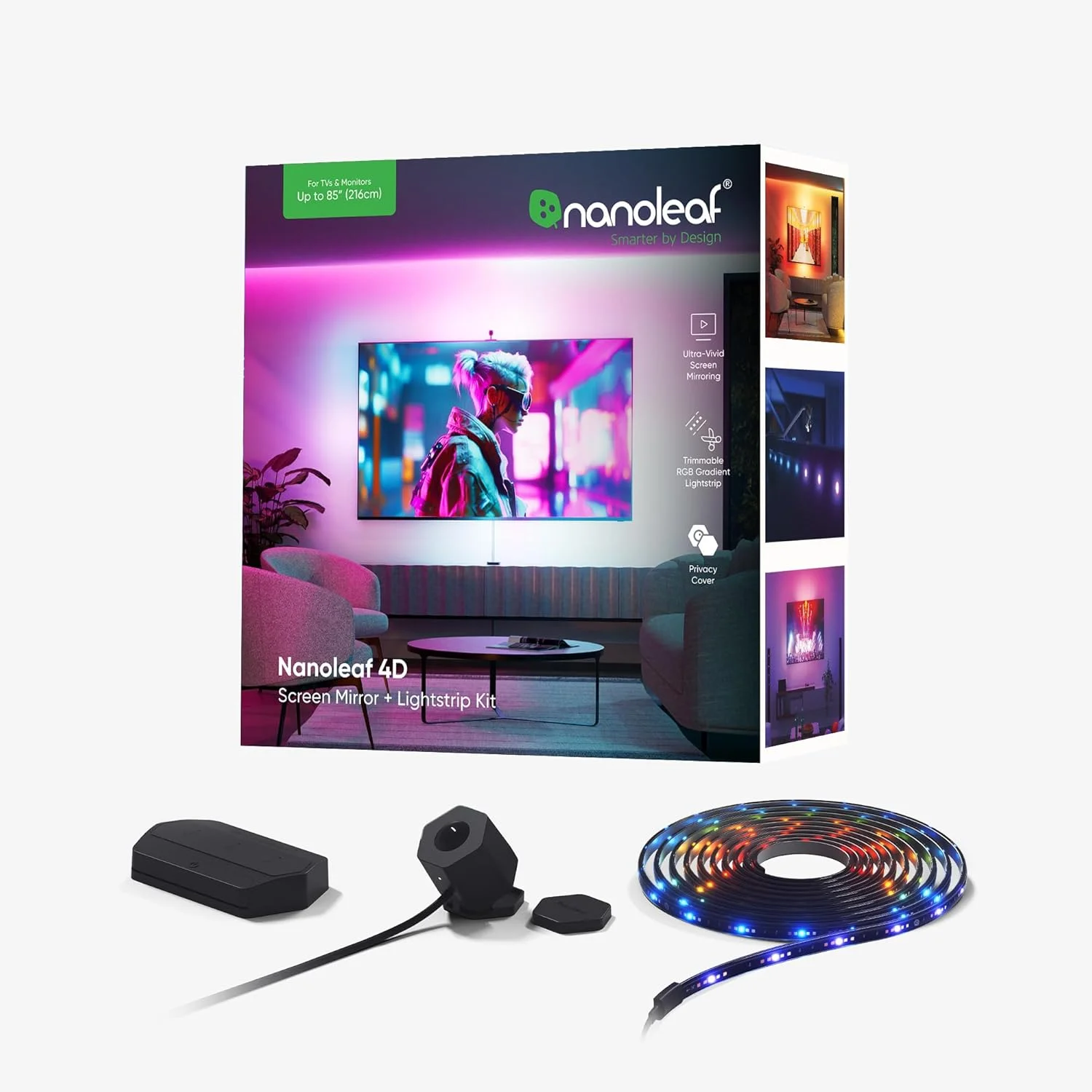 کیت دوربین و نوار نور ال ای دی 5.2 متری Nanoleaf 4D TV Screen Mirror | نور پس زمینه برای مانیتور تلویزیون تا 85 اینچ، پایه دوربین، ال ای دی هوشمند RGBIC وای فای، واکنش به موسیقی، سازگار با Apple HomeKit، Alexa، Google، SmartThings