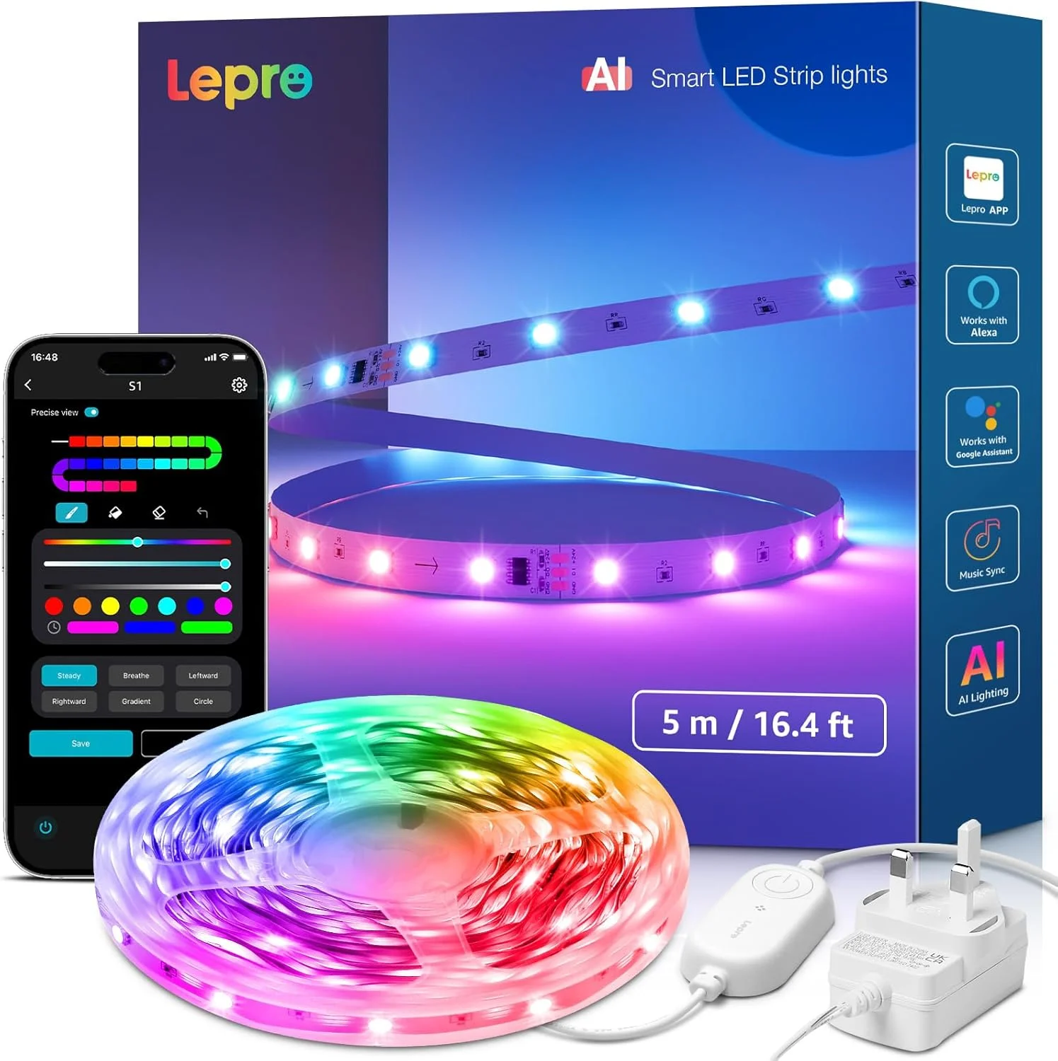 نوار نور ال ای دی هوشمند رنگین کمانی Lepro S1 AI، طول 5 متر، 30 ال ای دی در متر، همگام سازی با موسیقی، کار با الکسا و گوگل هوم، کنترل صوتی از طریق اپلیکیشن وای فای بلوتوث، دستیار طراحی نورپردازی هوش مصنوعی، چراغ های ال ای دی MagicColor برای اتاق خواب