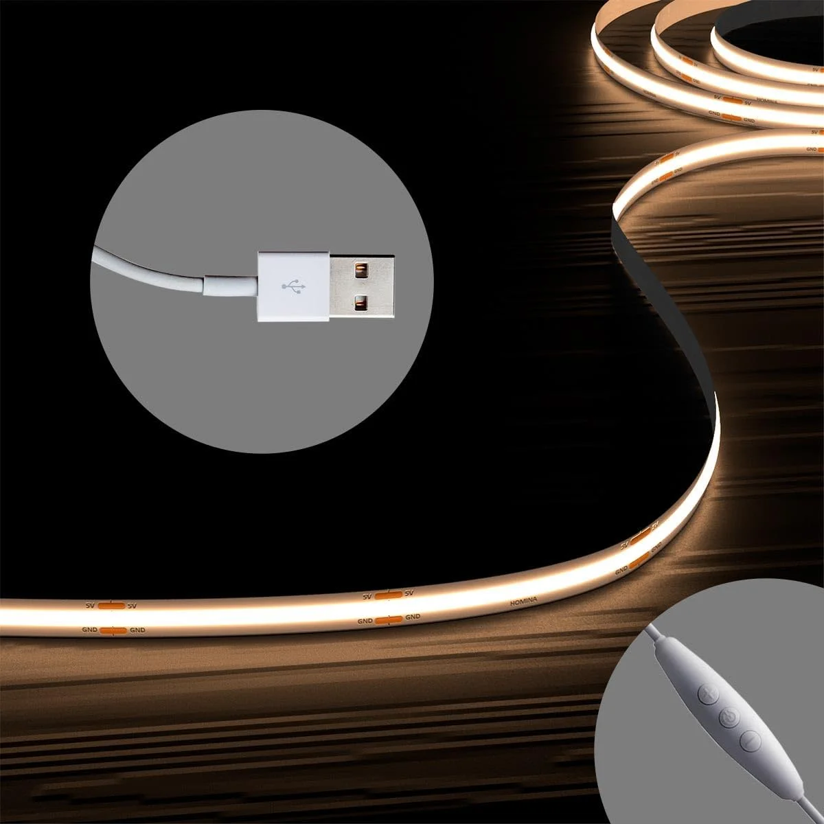 چراغ نواری ال ای دی COB هومینا با دیمر حافظه دار 3 کلیدی، USB 2 متری/6.6 فوت فوق العاده روشن 3000K، چراغ های نواری ال ای دی با CRI 90+، چراغ های طنابی برای اتاق خواب، کابینت، نور پس زمینه تلویزیون آشپزخانه