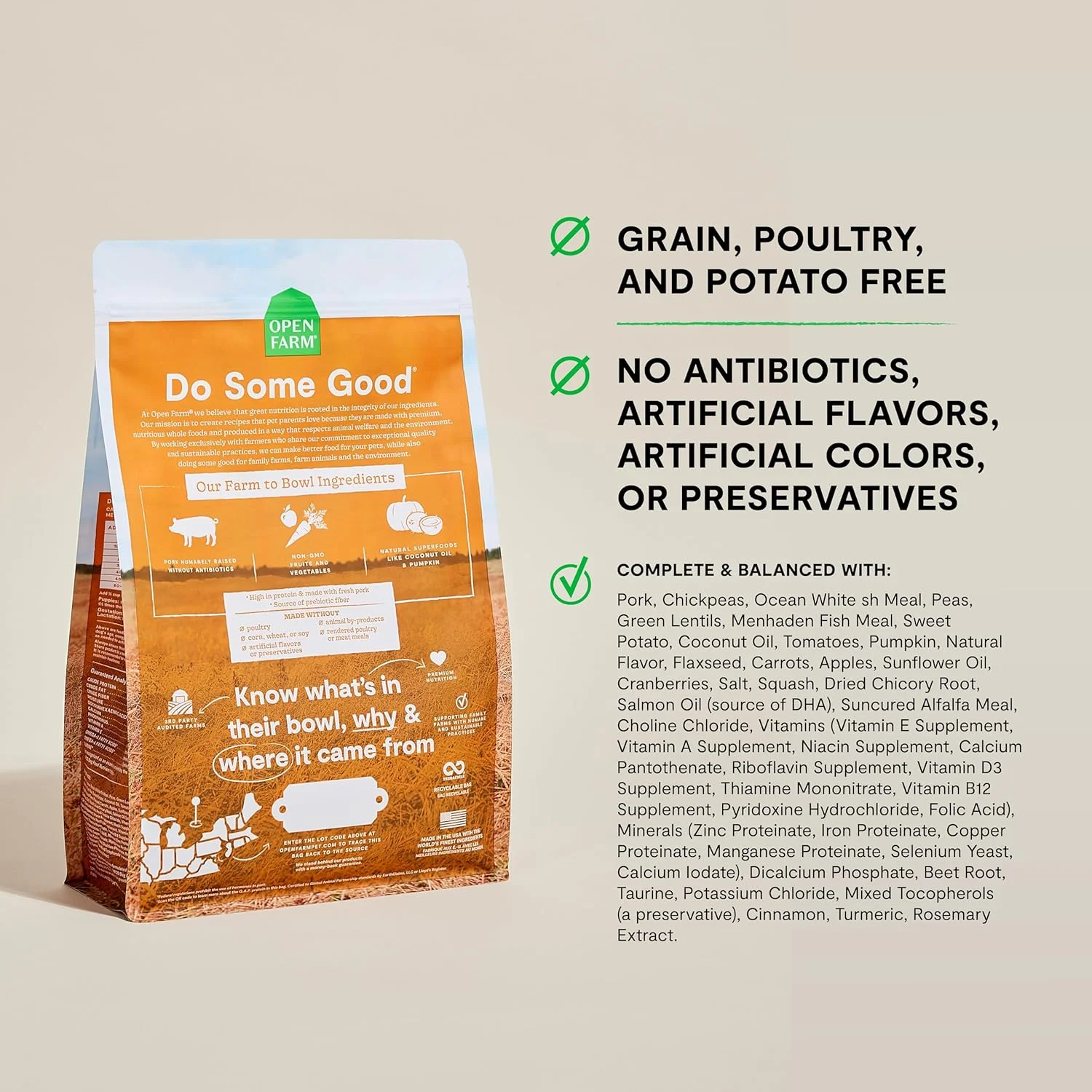 غذای خشک سگ بدون غلات اوپن فارم، میز کشاورز، با طعم گوشت خوک - 4.98 کیلوگرم