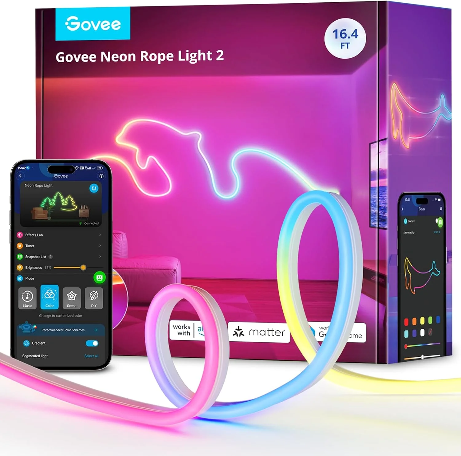 چراغ طنابی نئون Govee Neon Light 2، چراغ های نواری LED نئون RGBIC با قابلیت Shape Mapping، سازگار با Matter، الکسا و دستیار گوگل، چراغ نئون برای دکور دیوار، 5 متر