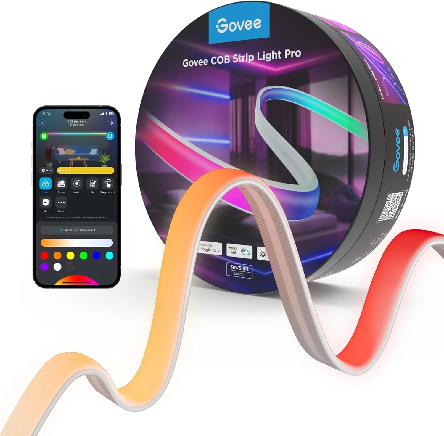 نوار نور ال ای دی COB Pro گووی، چراغ های ال ای دی اتاق خواب سازگار با الکسا، دستیار گوگل و Matter، نور RGBICW با سفید گرم، نوار نور هوشمند، چراغ های ال ای دی اتاق خواب، تغییر رنگ، 3 متر