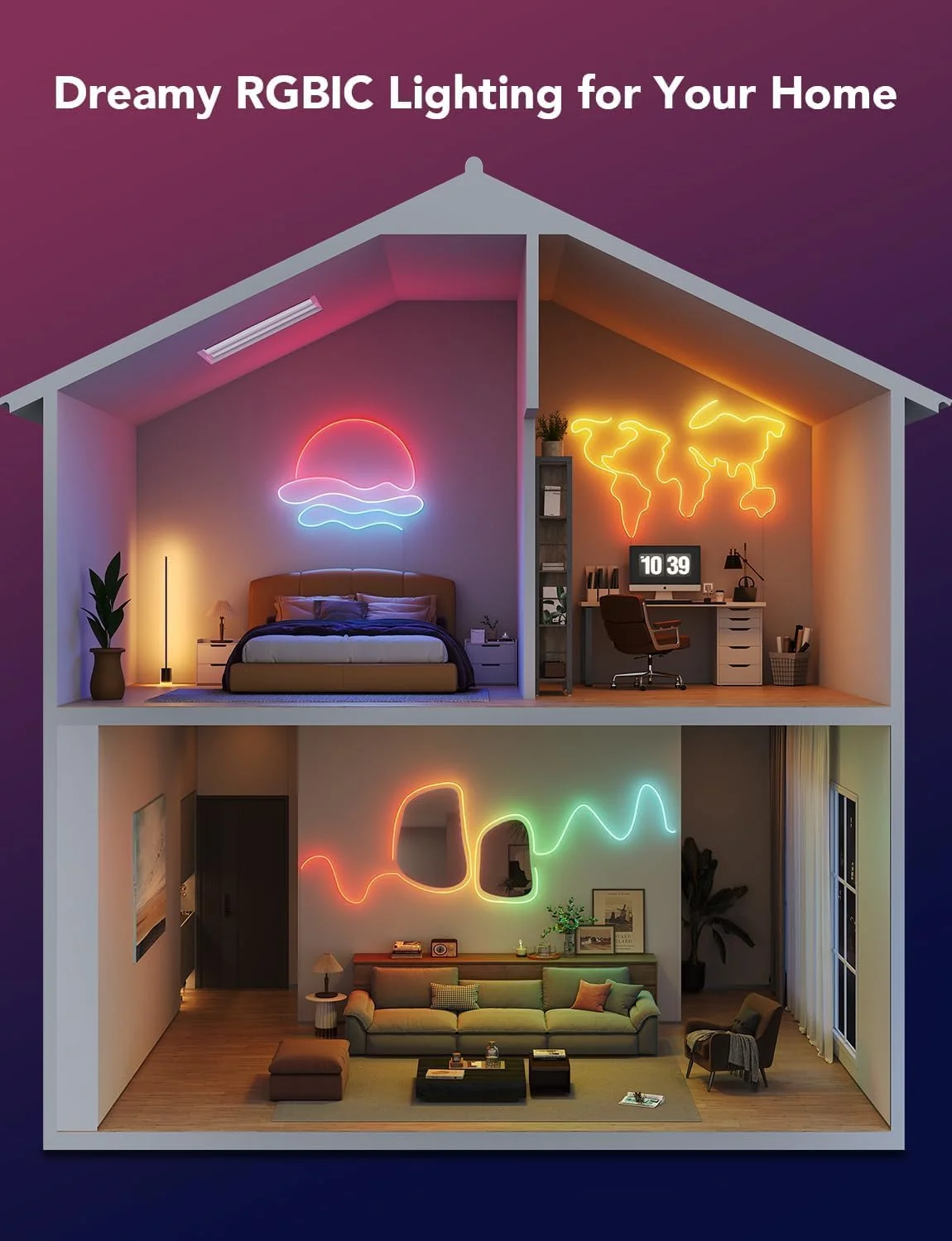 چراغ طنابی نئون Govee Neon Light 2، چراغ های نواری LED نئون RGBIC با قابلیت Shape Mapping، سازگار با Matter، الکسا و دستیار گوگل، چراغ نئون برای دکور دیوار، 5 متر