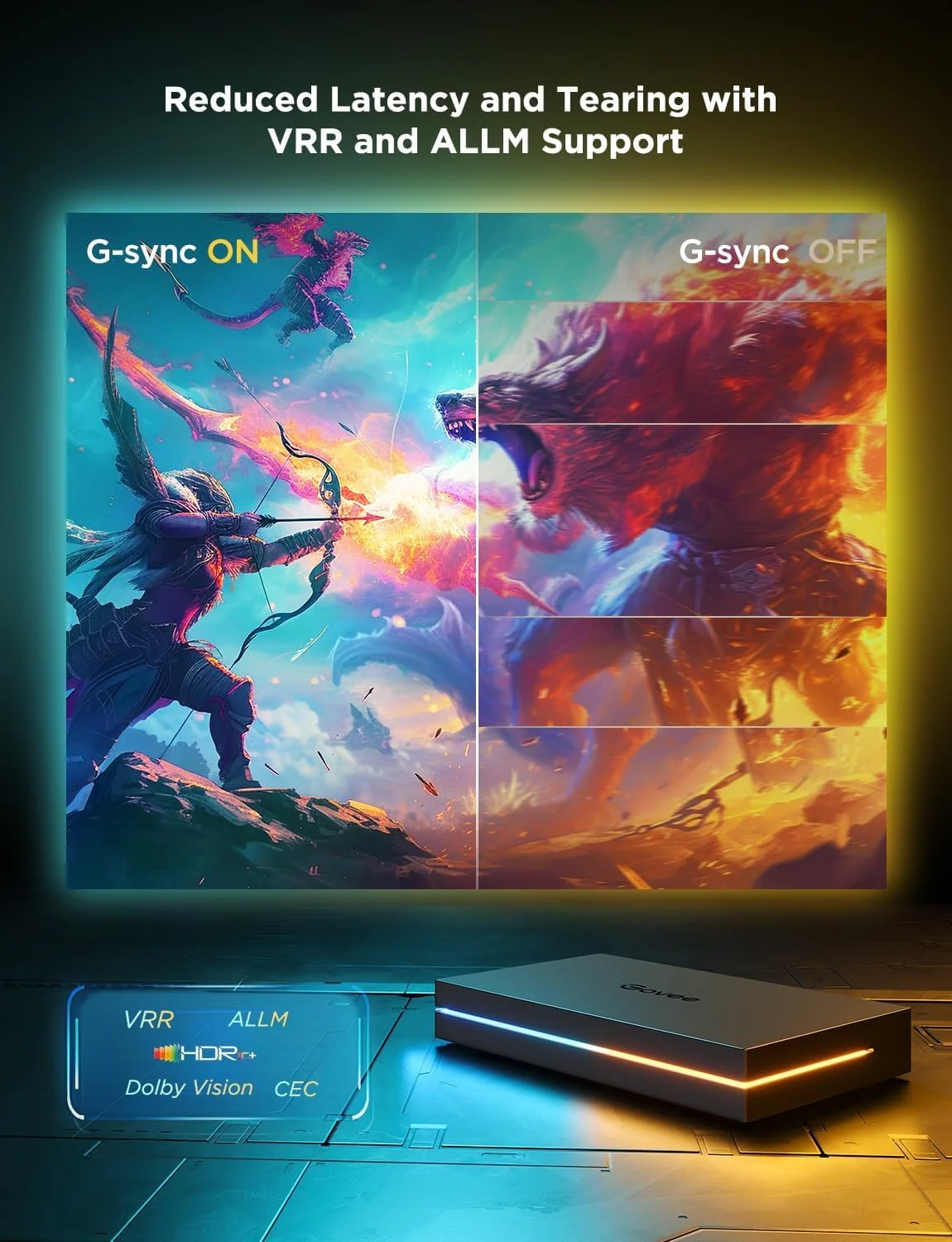 کیت همگام‌سازی Govee HDMI 2.1 مدل Sync Box 2، جعبه همگام‌سازی هوش مصنوعی با نور پس‌زمینه تلویزیون، پشتیبانی از 8K@60Hz، 4K@144Hz، VRR و ALLM، سازگار با Matter، نوار LED RGBIC برای تلویزیون‌های 55-65 اینچ، 75 LED در هر متر