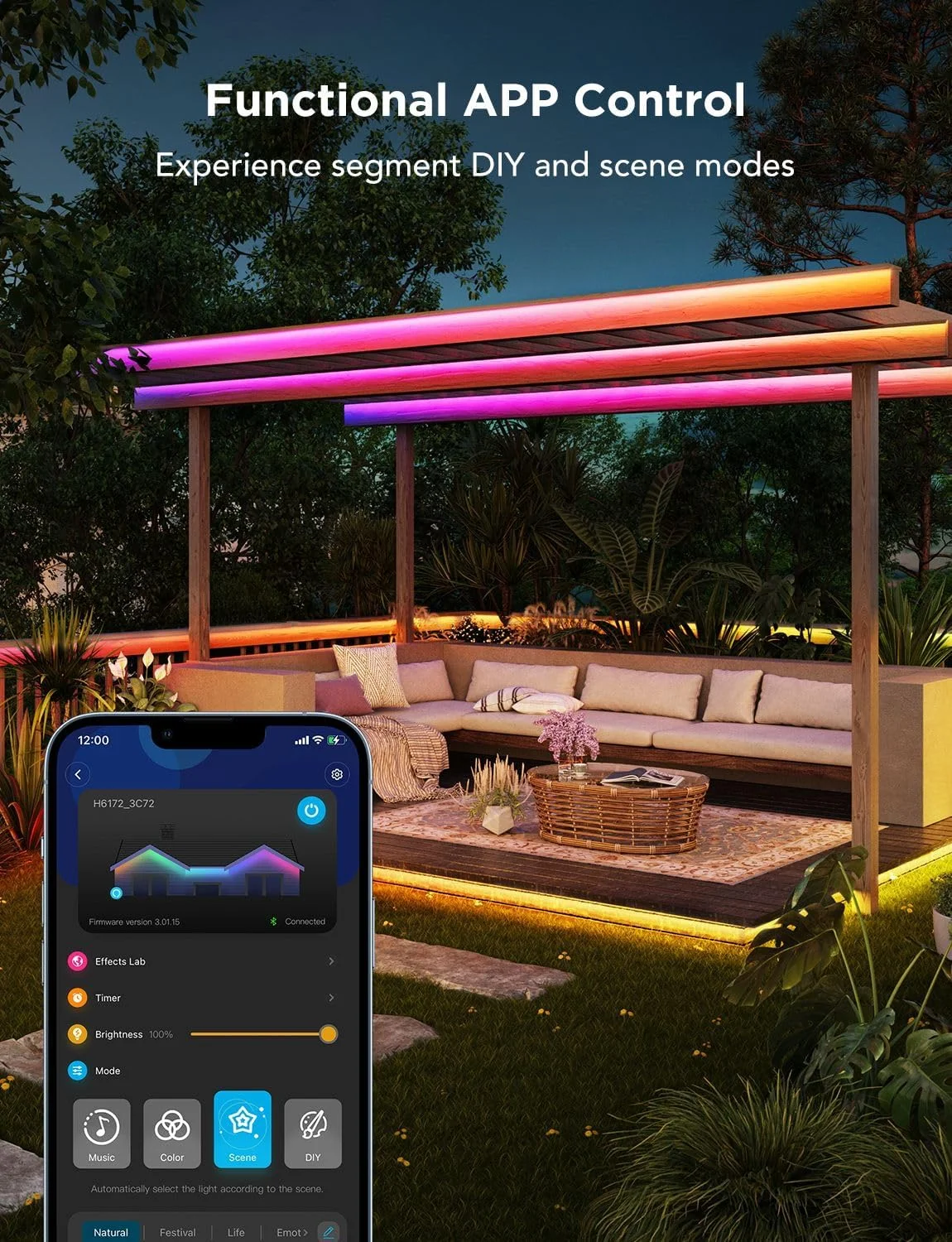 چراغ های نواری ال ای دی بیرونی گووی، 30 متر RGBIC، ضد آب IP65، چراغ های ریسه ای همگام با موسیقی برای لبه بام، بالکن و باغ