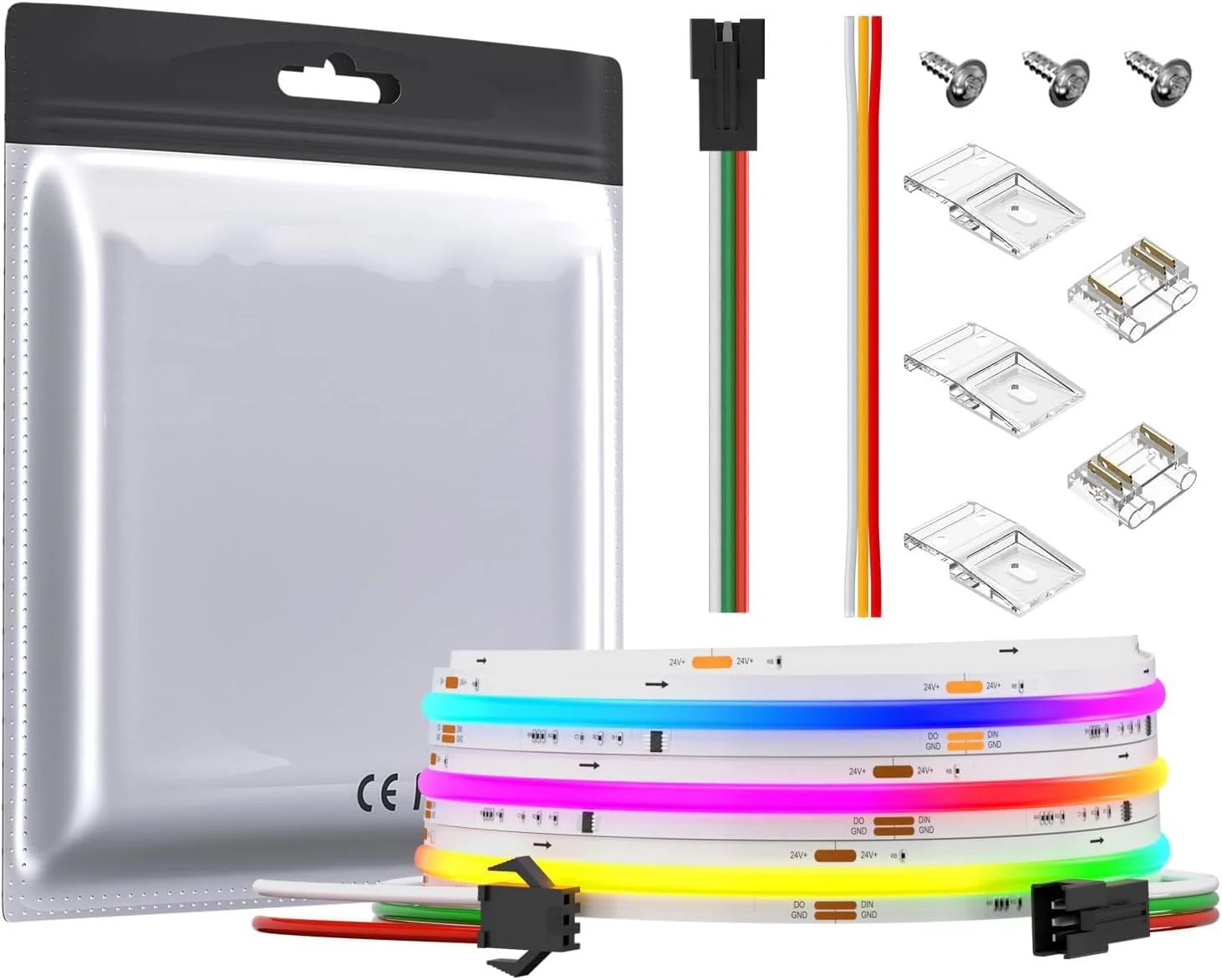 نوار ال ای دی رنگی RGB، تراشه FCOB WS2811 IC RGB، نوار ال ای دی رنگی انعطاف پذیر با چگالی بالا و نور یکنواخت، DC24V 630LED/m عرض 10mm رنگ رویایی برای اتاق خواب، آشپزخانه، خانه (بدون آداپتور یا کنترلر)