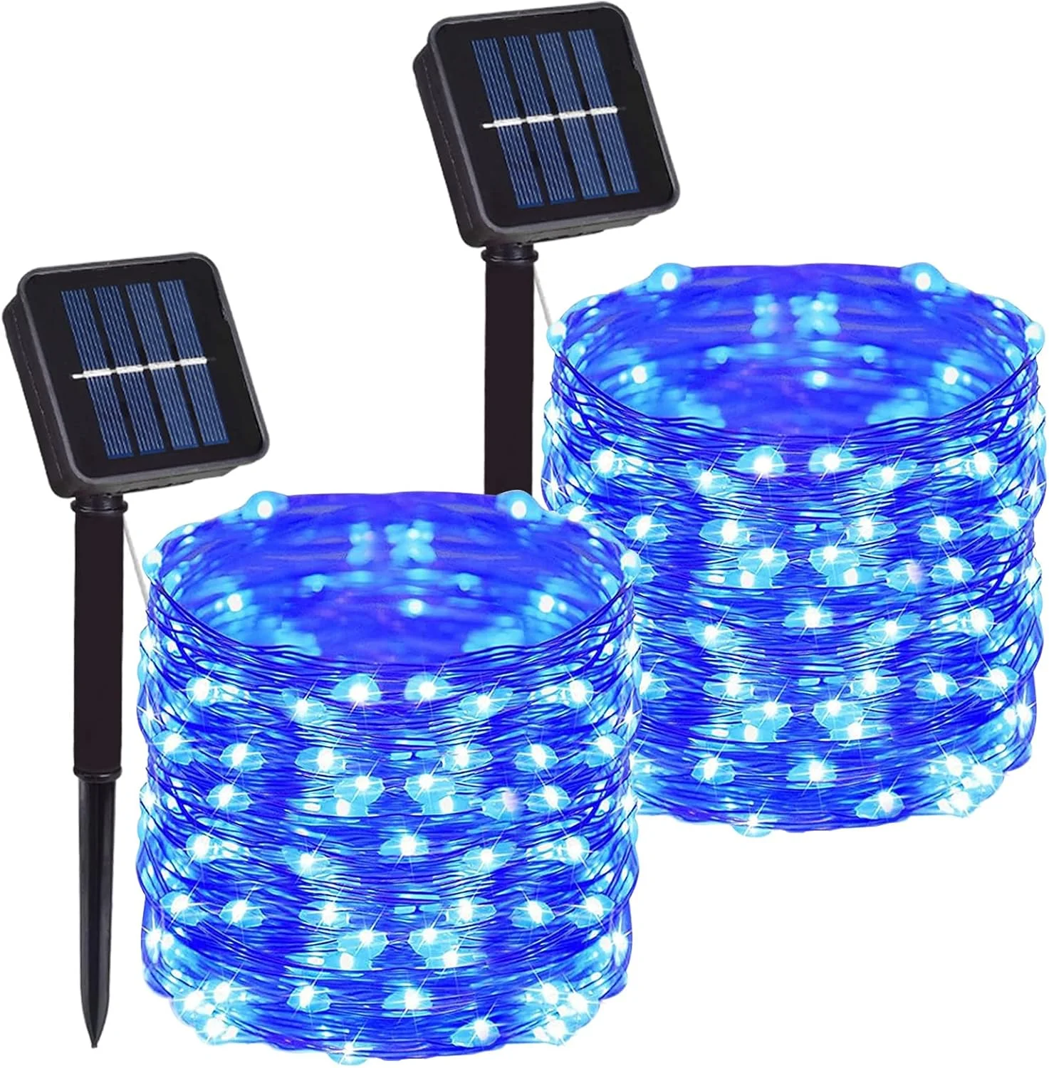 بسته 2 عددی چراغ های رشته ای سیم مسی 100 LED با انرژی خورشیدی برای فضای باز، ضد آب، 8 حالت چراغ های تزئینی برای باغ، پاسیو، مهمانی، حیاط، کریسمس (آبی)