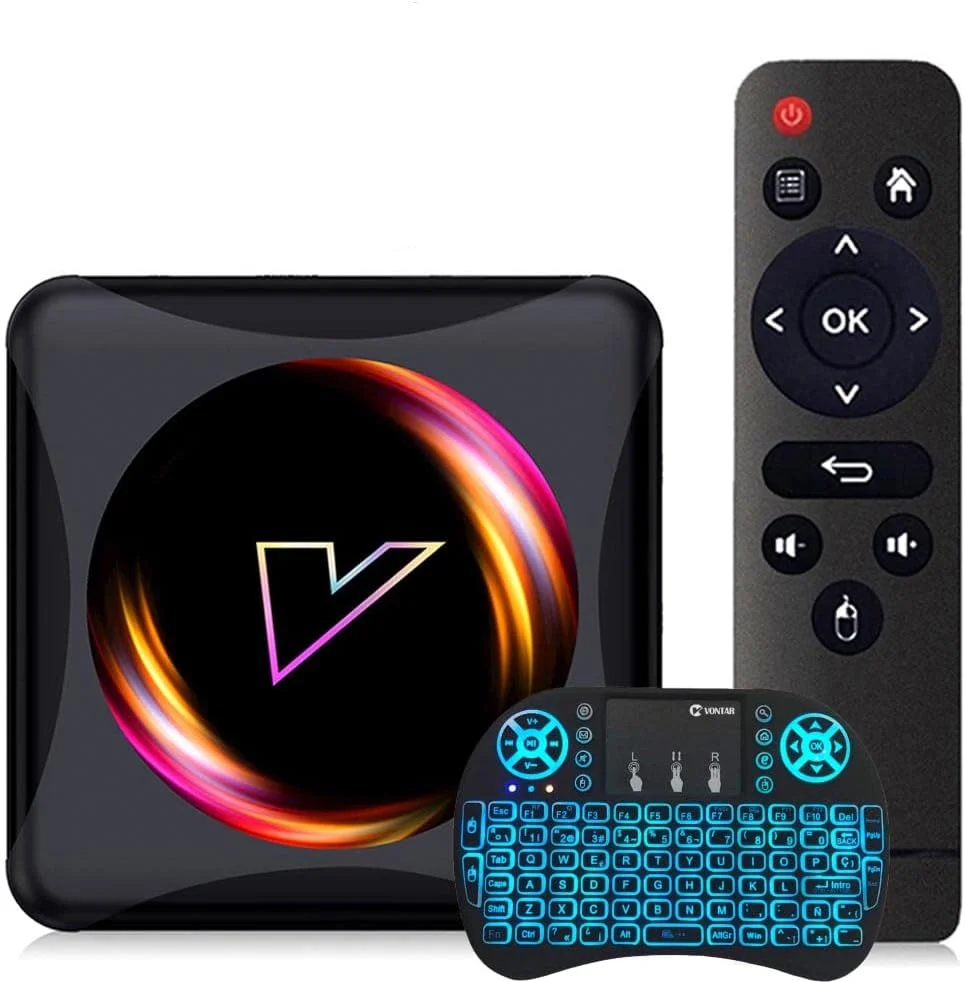 اندروید باکس 11.0 با 4 گیگابایت رم و 64 گیگابایت رام مدل RK3318، اسمارت تی وی باکس، ست تاپ باکس USB 3.0 Ultra HD 4K/1080P HDR، وای فای دو بانده 2.4/5.8 گیگاهرتز BT4.1 به همراه مینی کیبورد بی سیم، 4GB+64GB