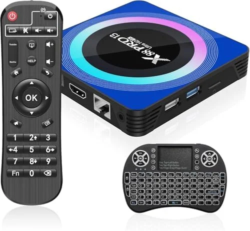 اندروید باکس 13.0، رم 4 گیگابایت رام 64 گیگابایت چهار هسته ای با مینی کیبورد بی سیم، وای فای دو بانده 2.4/5.0 گیگاهرتز بلوتوث 5.0 اترنت 10/100M HDMI اندروید باکس 8K