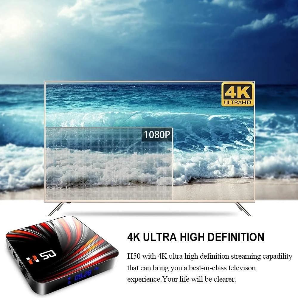 اندروید باکس H50 با اندروید 10.0، 4 گیگابایت رم + 64 گیگابایت حافظه داخلی، پردازنده چهار هسته ای RK3318 64 بیتی ARM Cortex-A53، وای فای دو بانده 2.4/5.8G، پورت LAN 10-100M، بلوتوث 4.1، H.265 UHD 4K، 4 گیگابایت رم + 64 گیگابایت حافظه داخلی