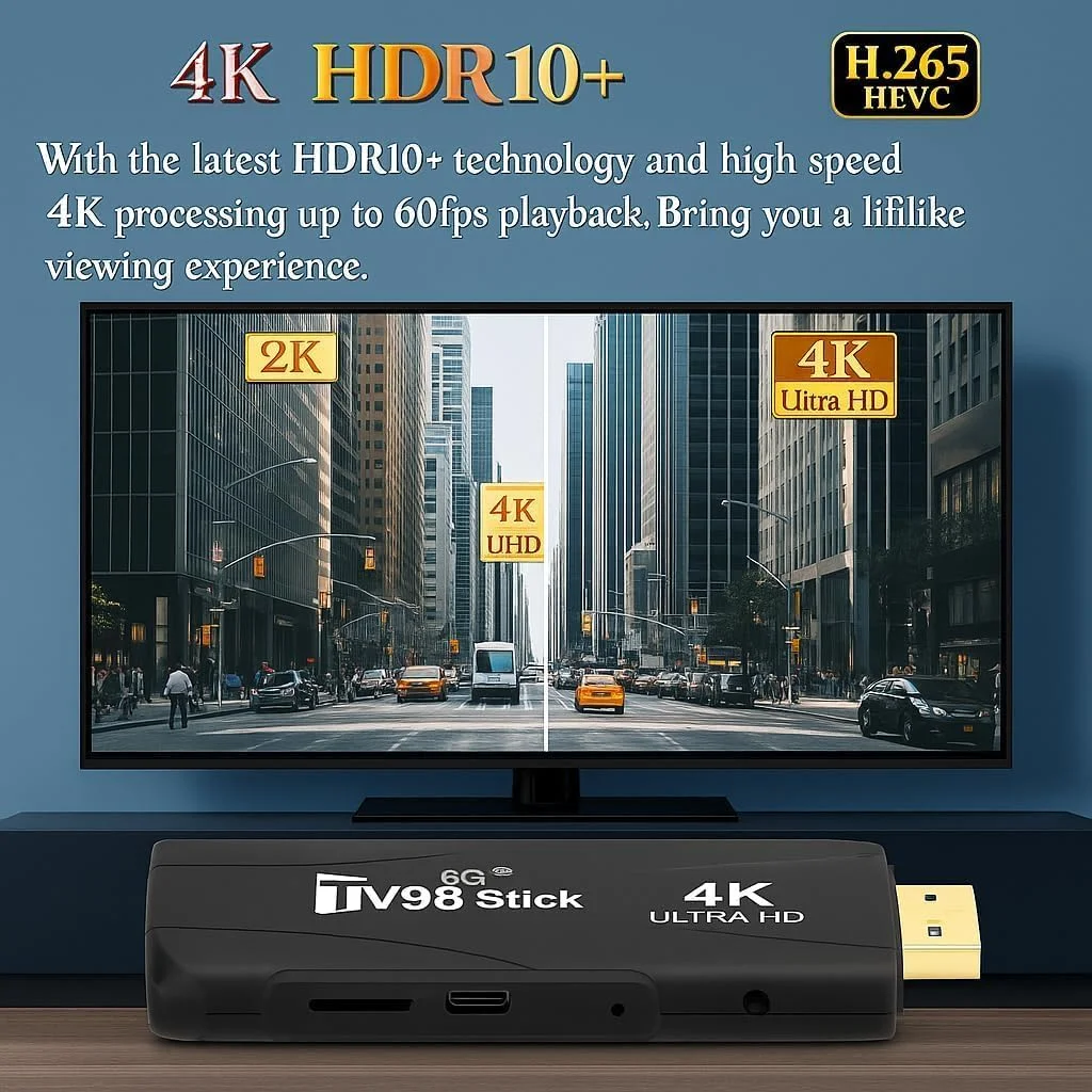 اندروید تی وی استیک 4K مینی اسمارت تی وی باکس DDR4 2GB رم 16GB چهار هسته ای 64 بیتی دوگانه 2.4GHz/5GHz وای فای HDR10+ الترا USB HD اسمارت تی-وی استیک باکس استریمینگ مدیا (H 2+16)