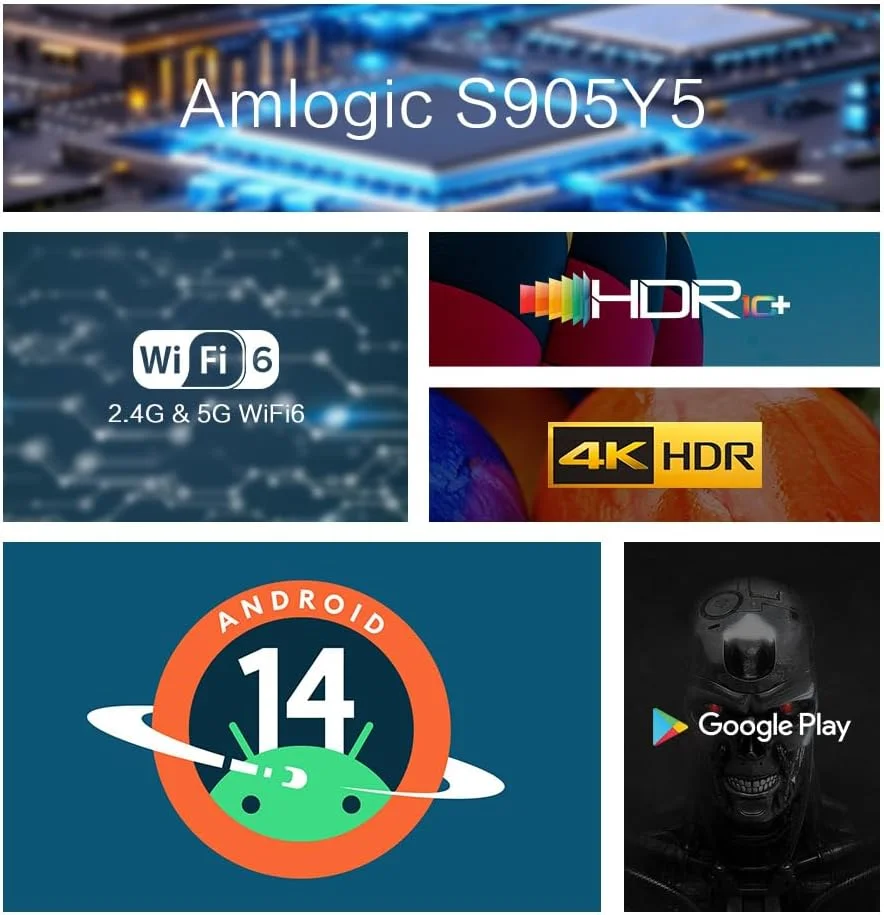 اندروید باکس Tanix TX5 Android 14.0، چهار هسته‌ای، رم 2 گیگابایت، حافظه داخلی 16 گیگابایت، وای فای دو بانده WiFi6، بلوتوث 5.0، کیفیت 4K 6k AV1 Ultra HD، کنترل صوتی، دو لانچر