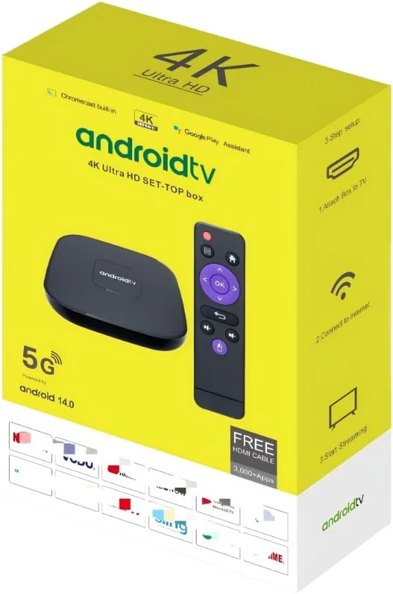 اندروید تی وی باکس 4K Ultra HD مدیا پلیر هوشمند با اندروید 14.0 وای فای 5G دو بانده بلوتوث ریموت کنترل صوتی USB HDMI دانگل