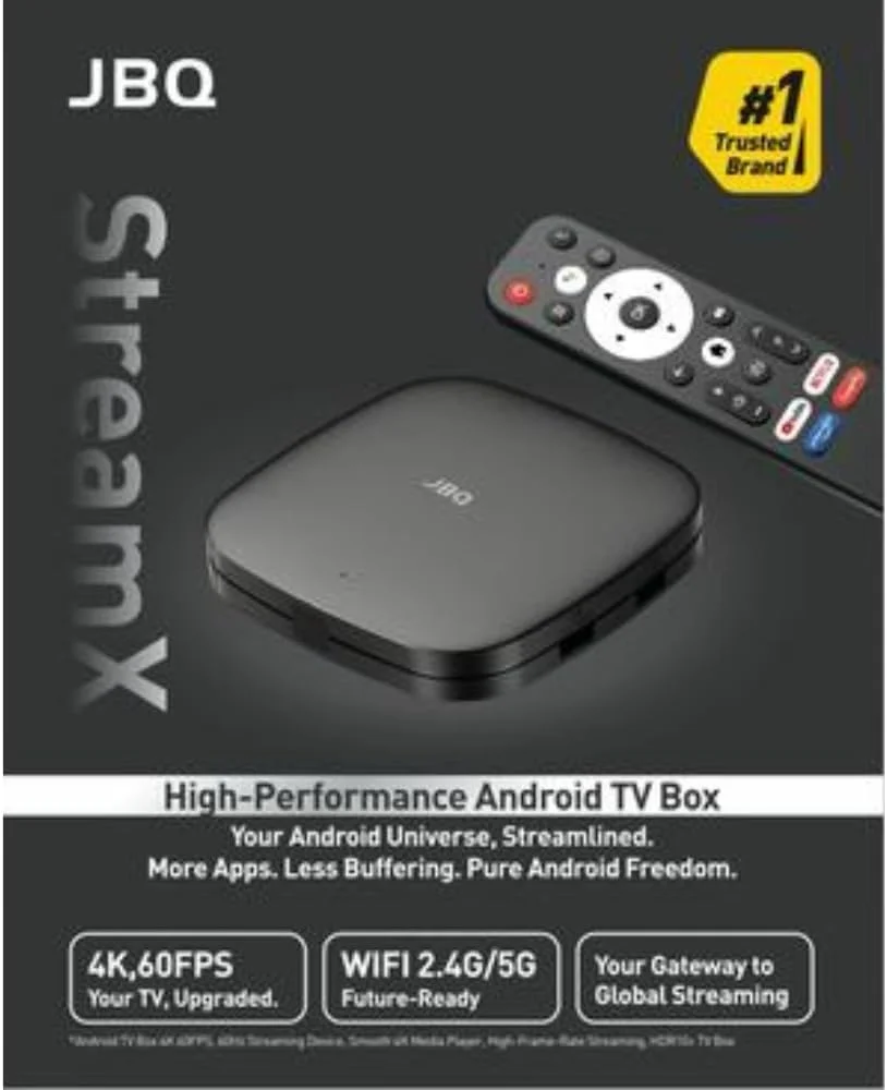 اندروید باکس تلویزیون JBQ با کیفیت 4K و نرخ 60 فریم بر ثانیه، وای فای دو بانده 2.4G/5G، رم 2 گیگابایتی، پخش کننده رسانه با قابلیت های هوشمند و پشتیبانی از برنامه ها