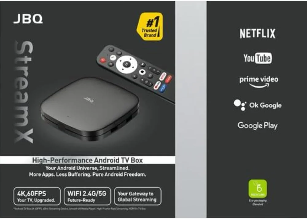 اندروید باکس تلویزیون JBQ با کیفیت 4K و نرخ 60 فریم بر ثانیه، وای فای دو بانده 2.4G/5G، رم 2 گیگابایتی، پخش کننده رسانه با قابلیت های هوشمند و پشتیبانی از برنامه ها