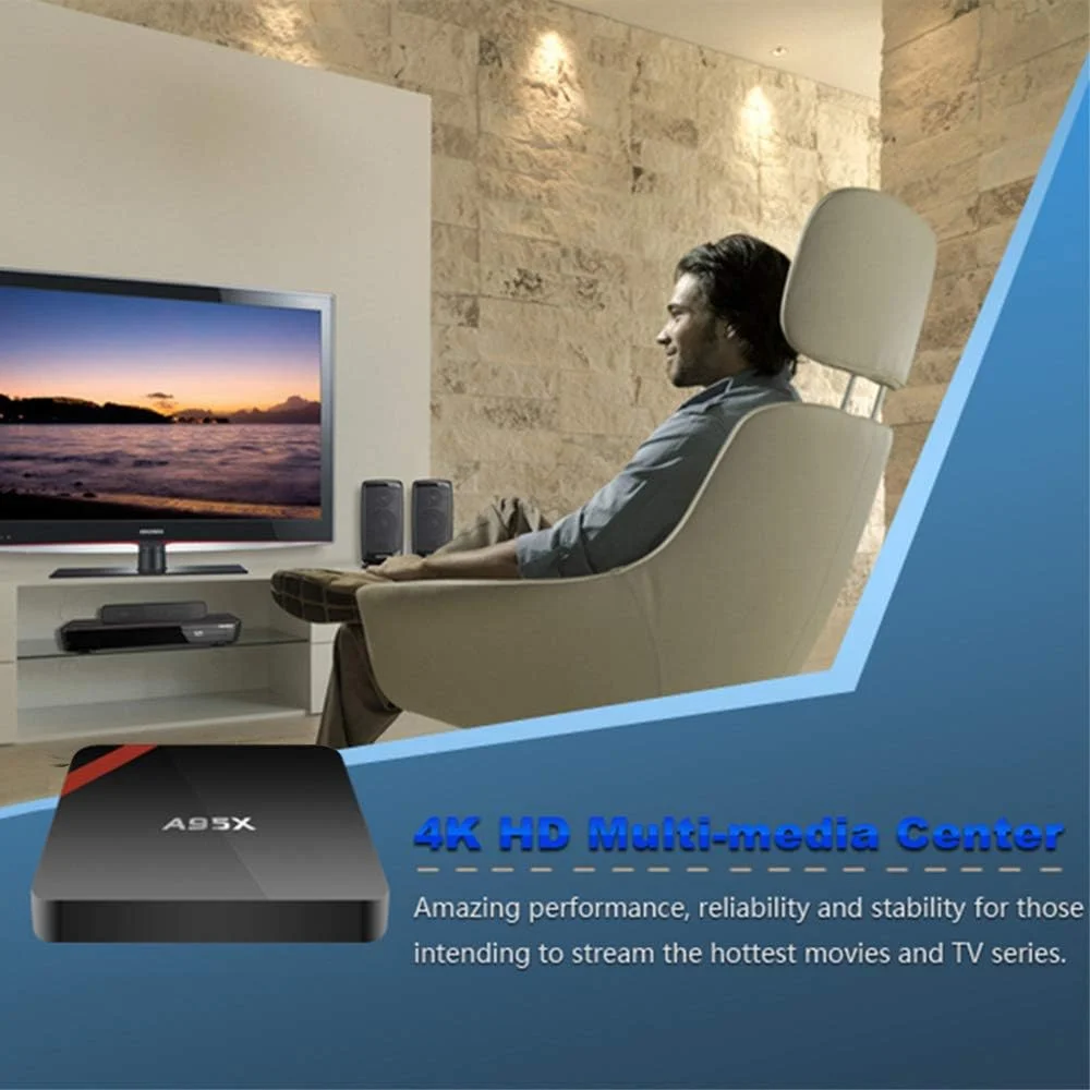 اندروید باکس هوشمند A95X، اندروید 6.0، پردازنده چهارهسته‌ای Amlogic S905X، 64 بیتی، UHD 4K، رم 1 گیگابایت، حافظه 8 گیگابایت، مینی کامپیوتر VP9، وای فای و LAN، H.265، DLNA، Miracast، پخش کننده رسانه، دوشاخه UK