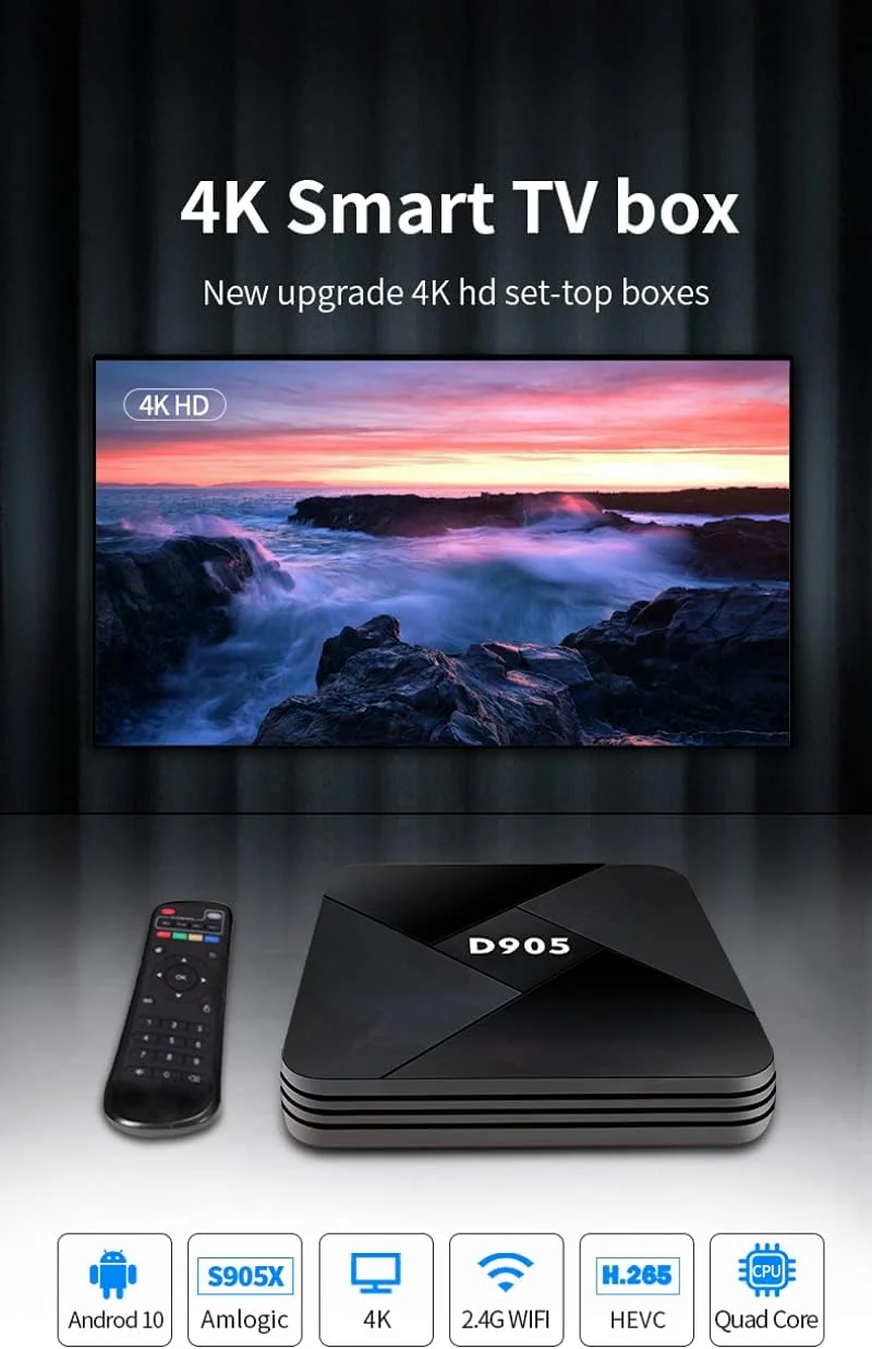 اندروید باکس هوشمند مدل 10.0 با 4 گیگابایت رم/32 گیگابایت حافظه داخلی، وای فای 2.4G، پردازنده چهار هسته ای ARM CortexA53، پخش 4K@60fps، Amlogic S905، مناسب یوتیوب، ست تاپ باکس اندرویدی و پخش کننده رسانه